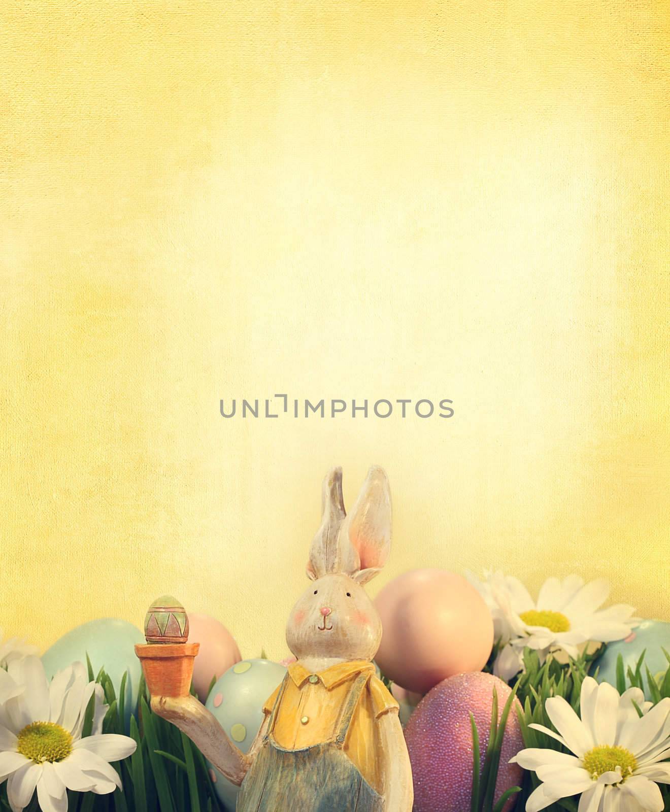 Easter bunny with eggs flowers and yellow background