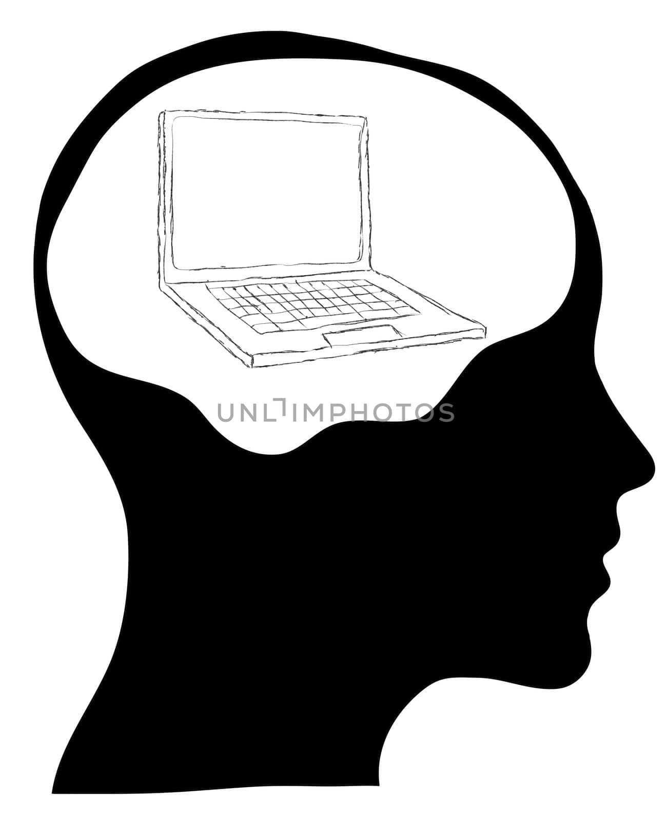 Brain connected to a laptop computer - isolated over a white bac by rufous