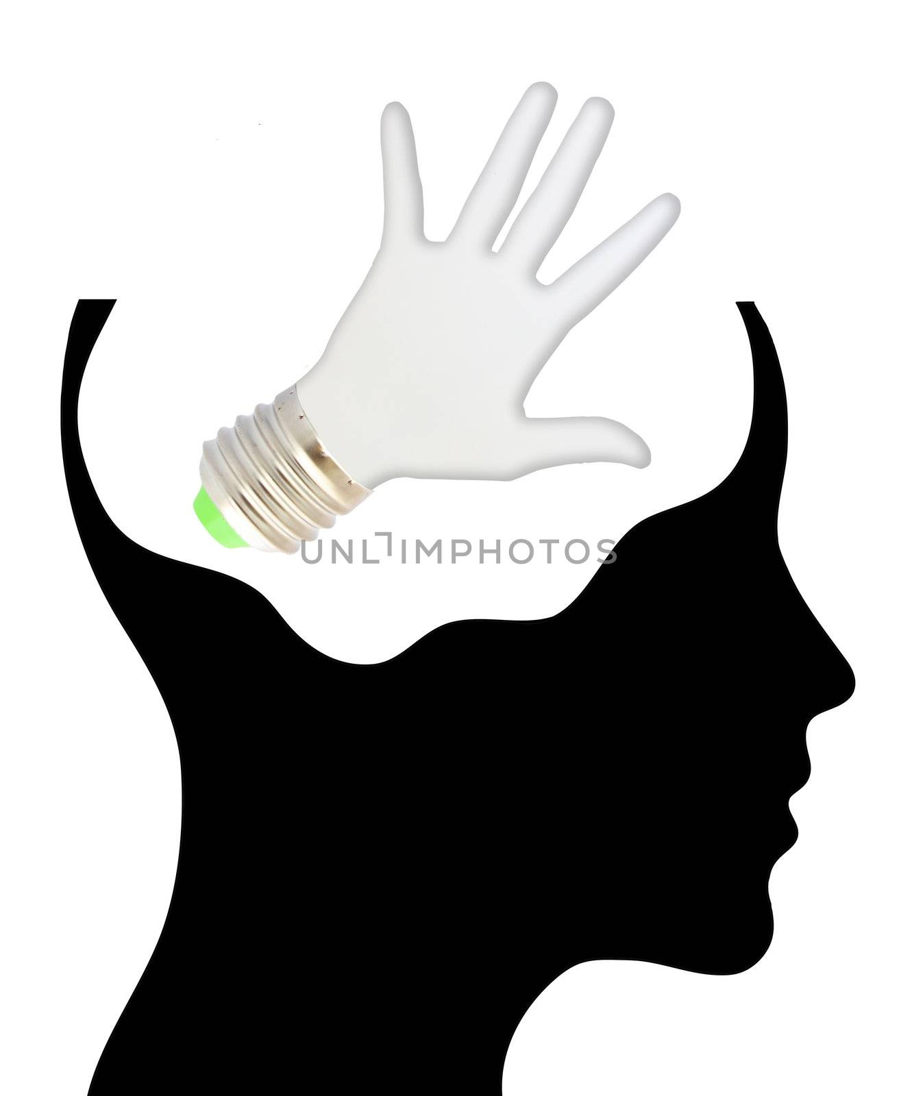 bulb with ecology symbol in human head, by rufous