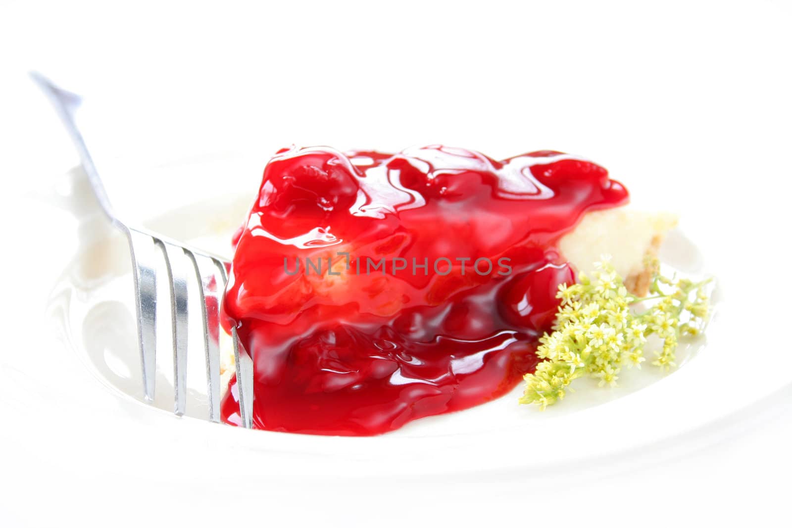 Piece of cherry cheese cake isolated on a white background.