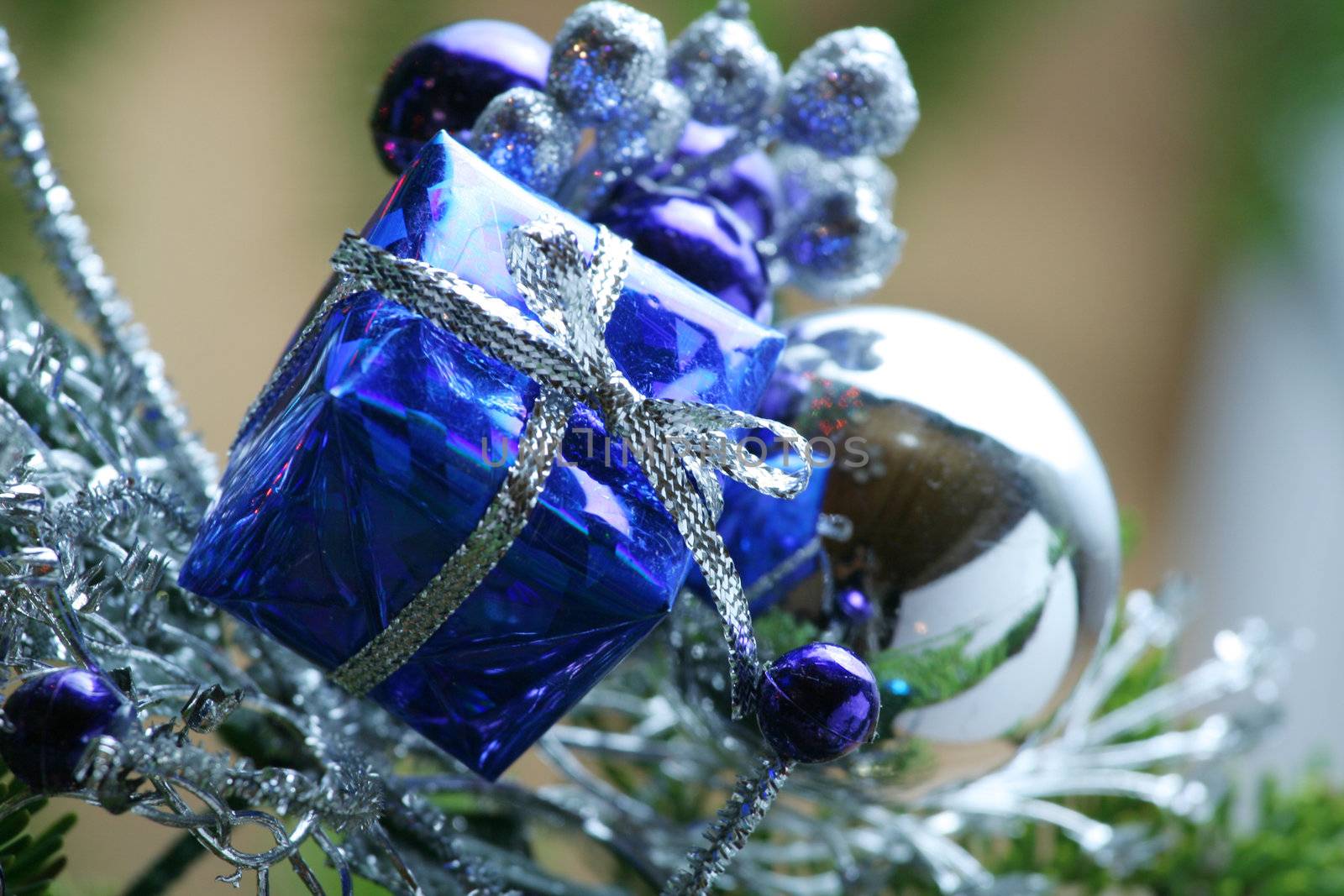 Blue present ornament nestled in CHristmas tree.