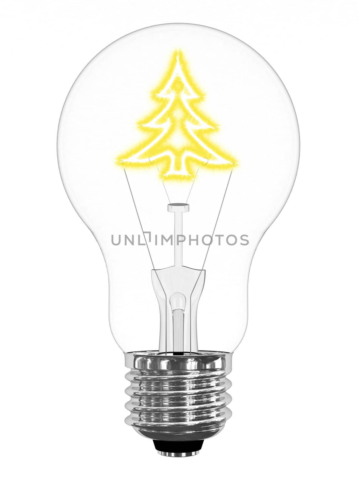 Lightbulb with sparkling christmas tree inside on white background. High resolution 3D image