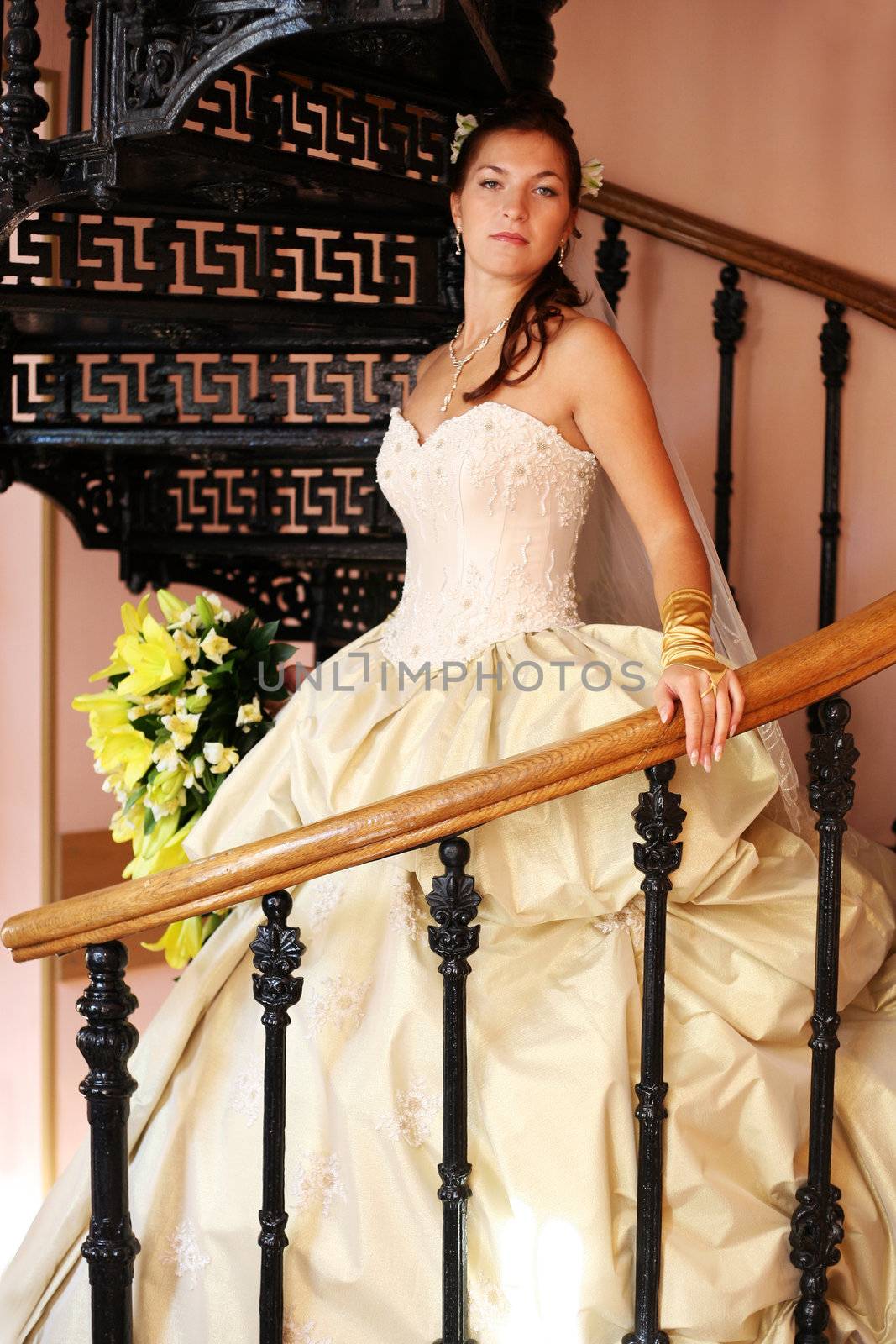 The beautiful bride on a pig-iron ladder