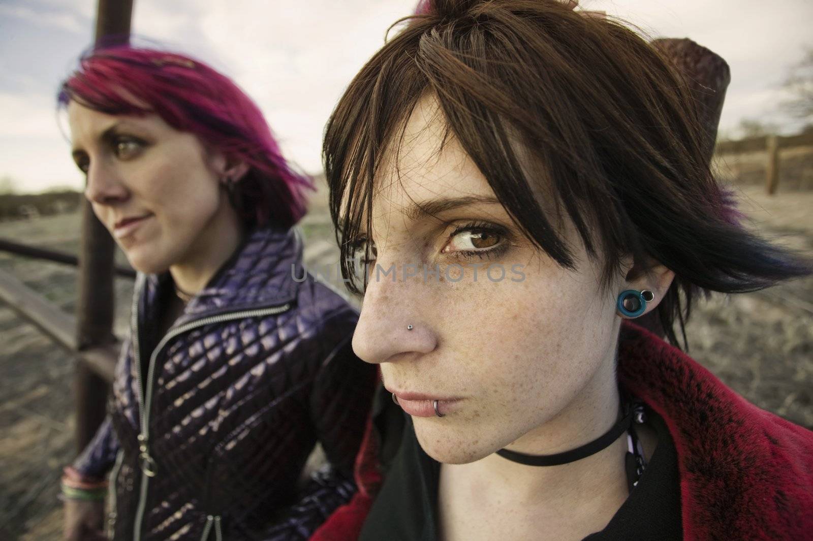 Two punk girls posing in a rural setting