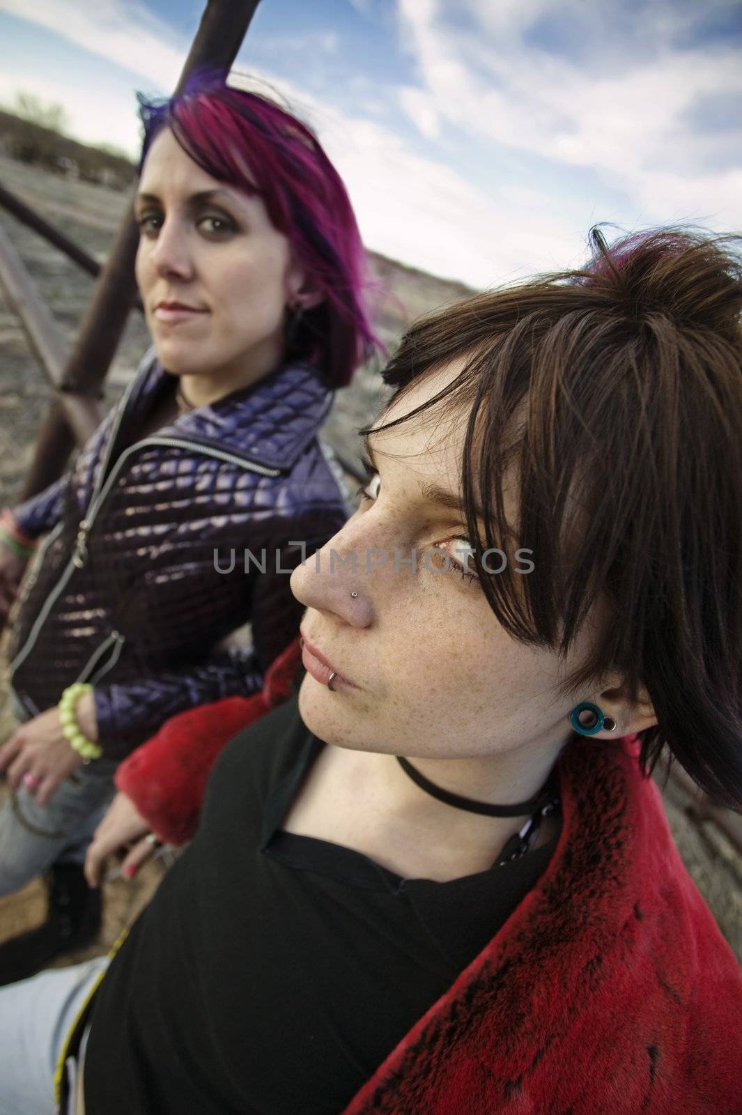 Two punk girls posing in a rural setting