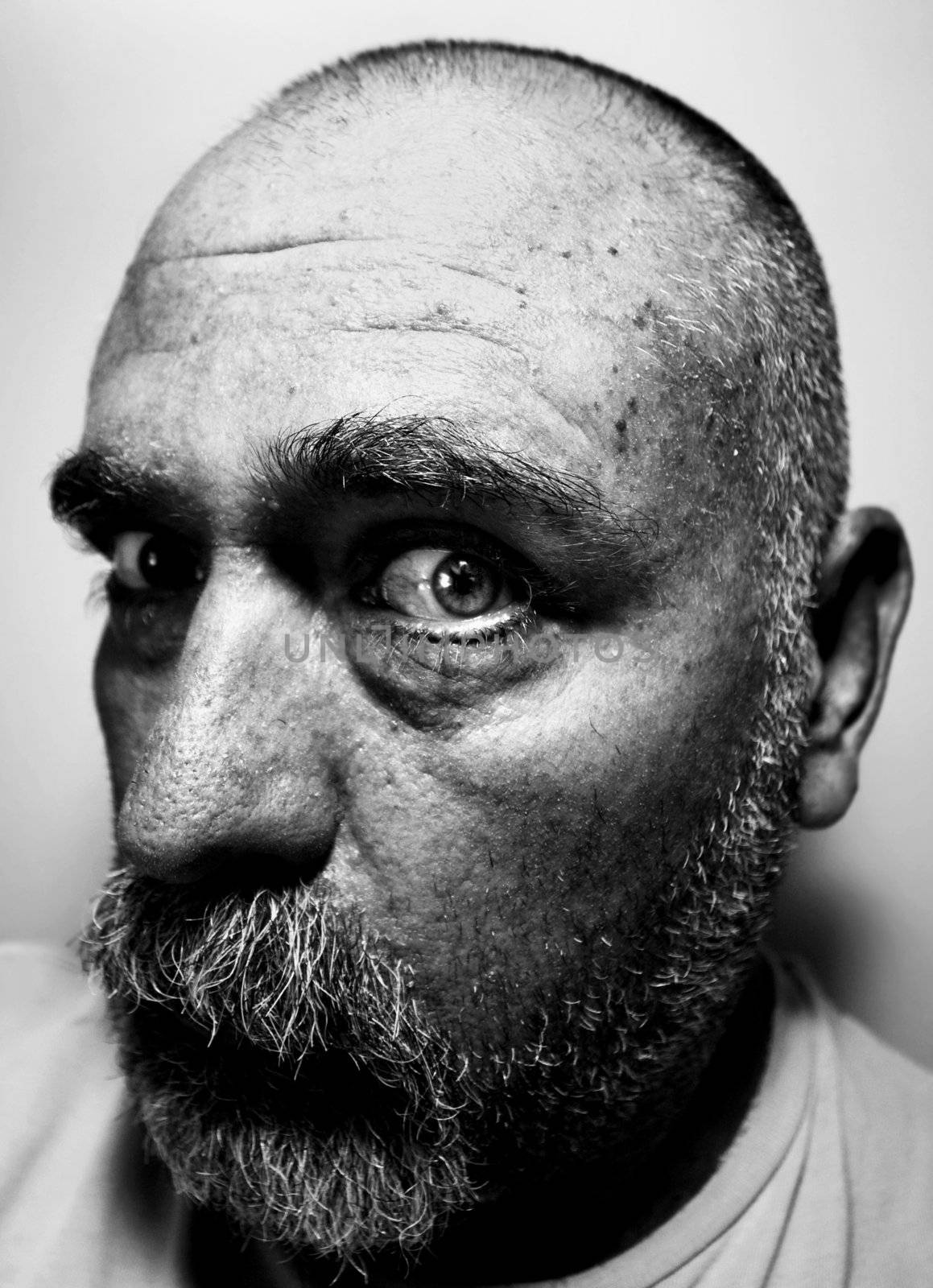 Black and white portrait of a suspicious bald man with a beard.