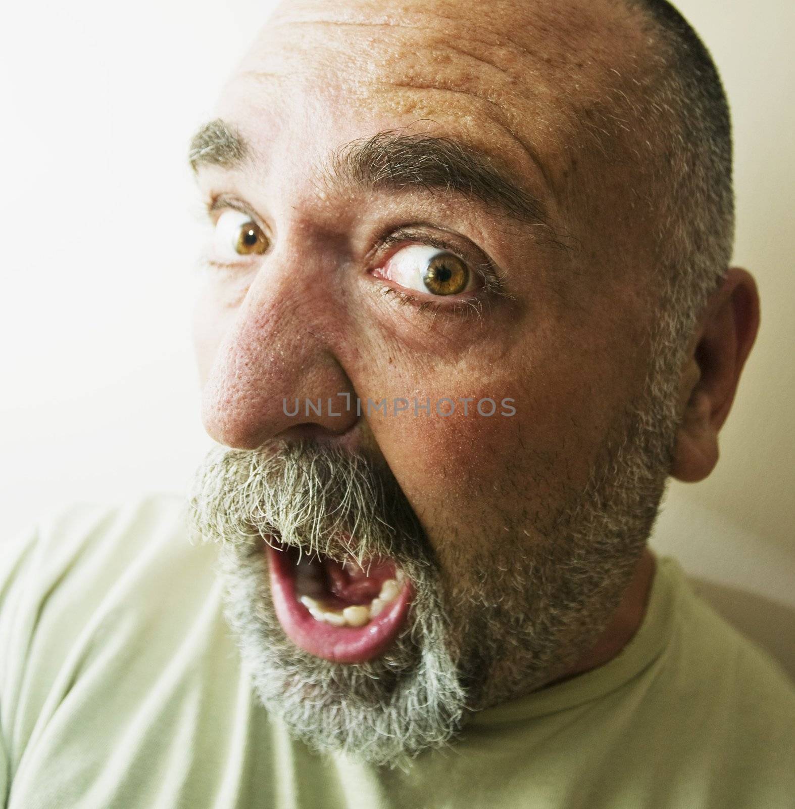Protrait of an screaming bald man with a beard.