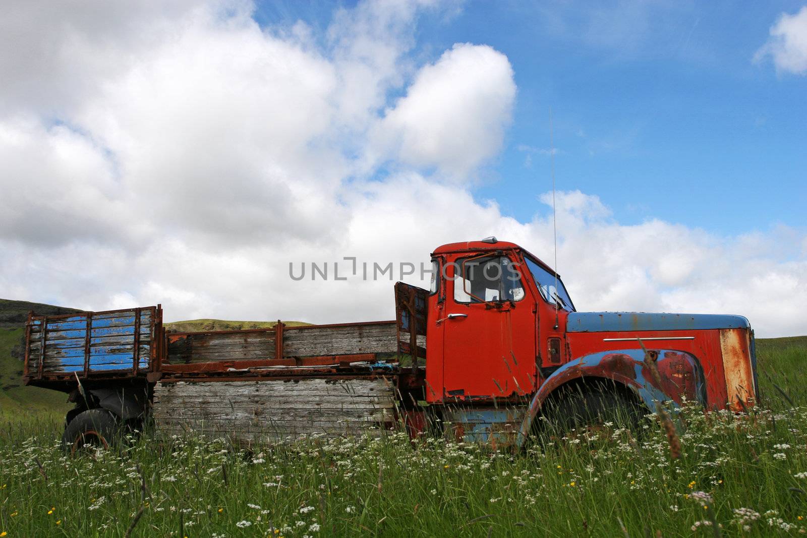 Broken down vintage truck standing in a field of grass in summer