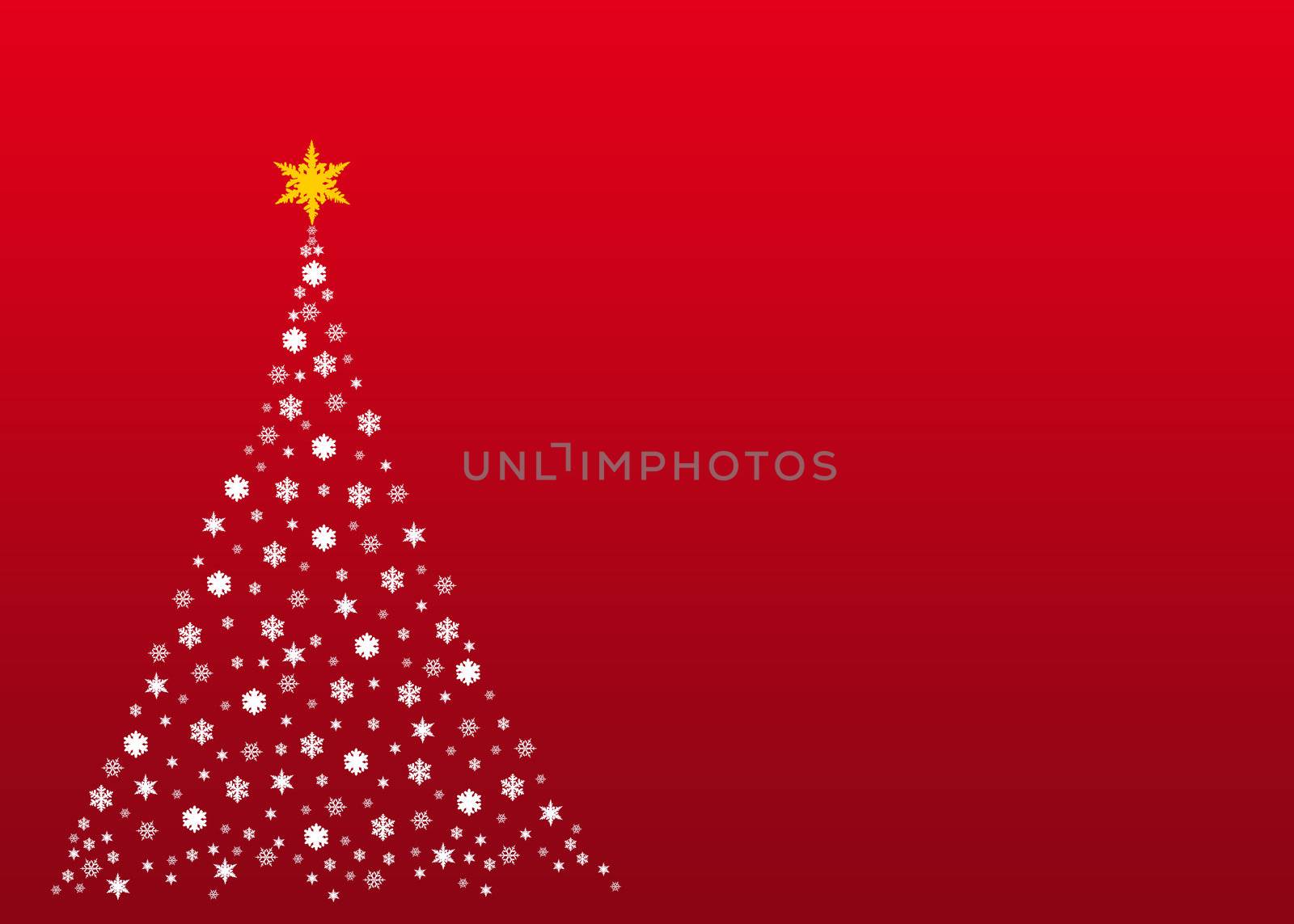 An illustration of a christmas tree formed by white  symbols made out of real snowflakes,On red gradient background, plenty of copy space and blank areas to put designs or text into.