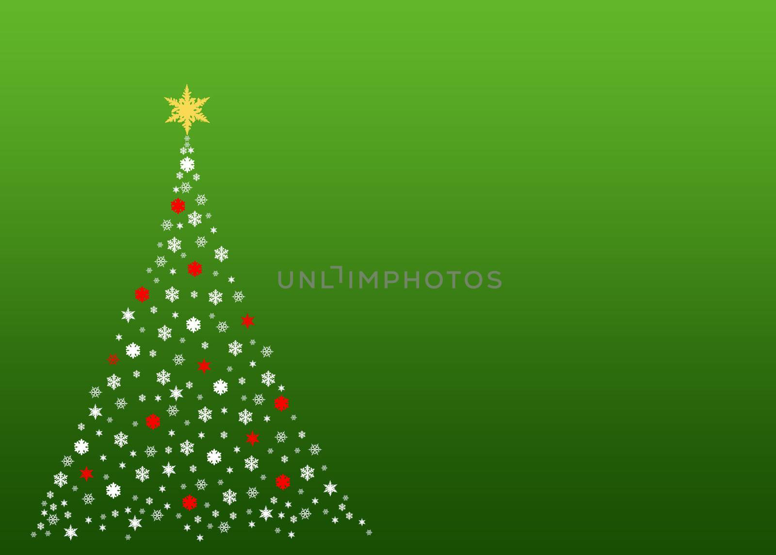 An illustration of a christmas tree formed by white  symbols made out of real snowflakes,On green gradient background, plenty of copy space and blank areas to put designs or text into.