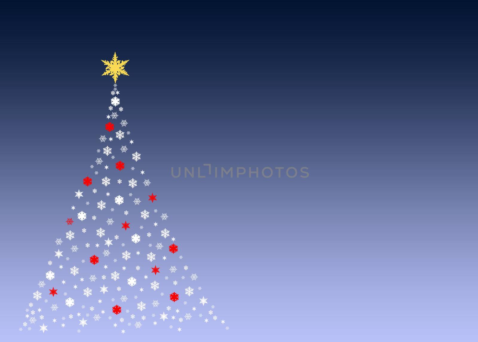 An illustration of a christmas tree formed by white  symbols made out of real snowflakes,On green gradient background, plenty of copy space and blank areas to put designs or text into.