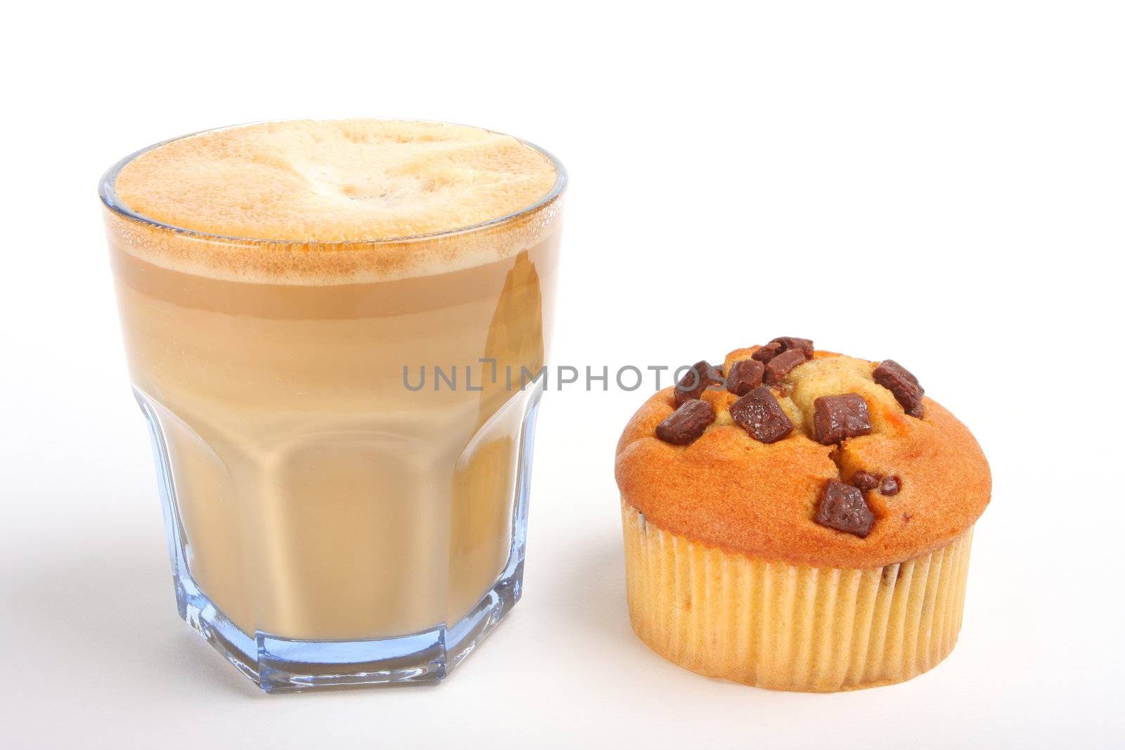  a cup of coffee with muffin, isolated on white in a studio 