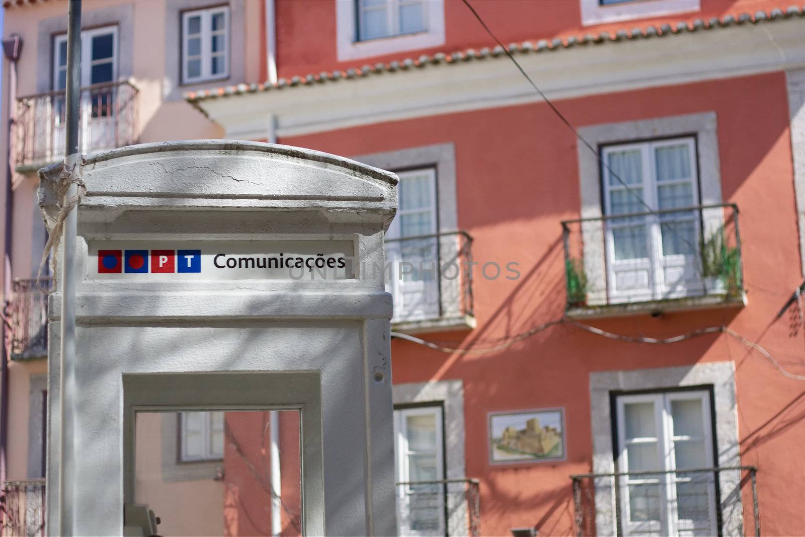 Public phone PT Comunica�oes in Portugal. In public telephone booths, coins and special cards can be used. They are sold in Portugal Telecom shops, post offices and some kiosks and news-stands.