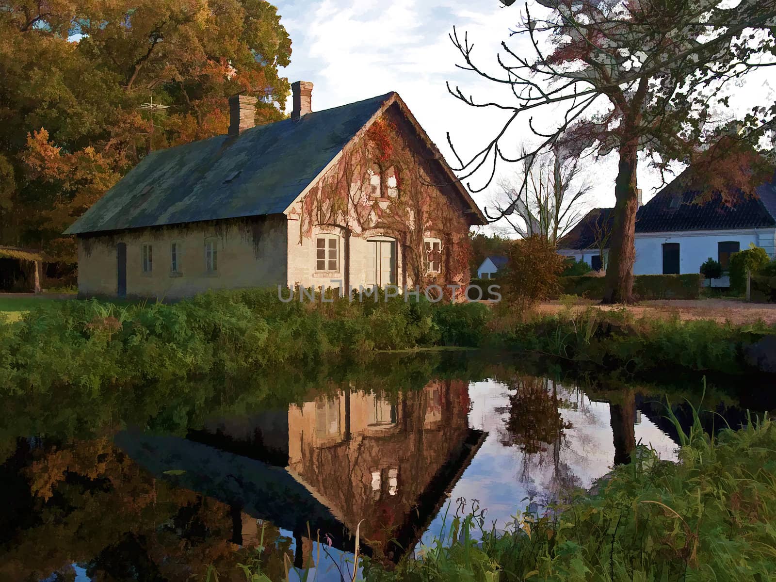 Beautiful countryside house reflected in a lake Denmark digital art manipulation