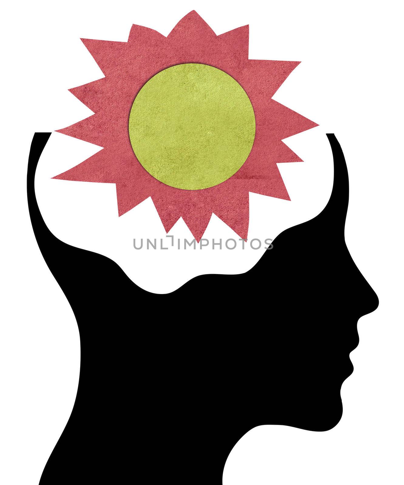Human head silhouette with paper sun on the brain by rufous