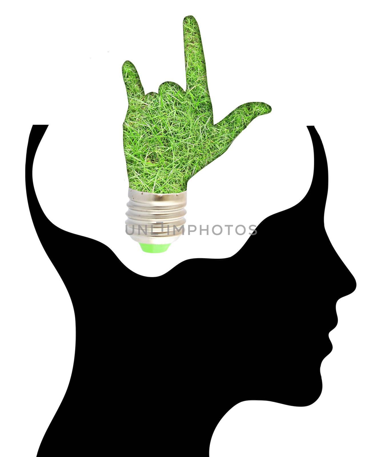 bulb with ecology symbol in human head,