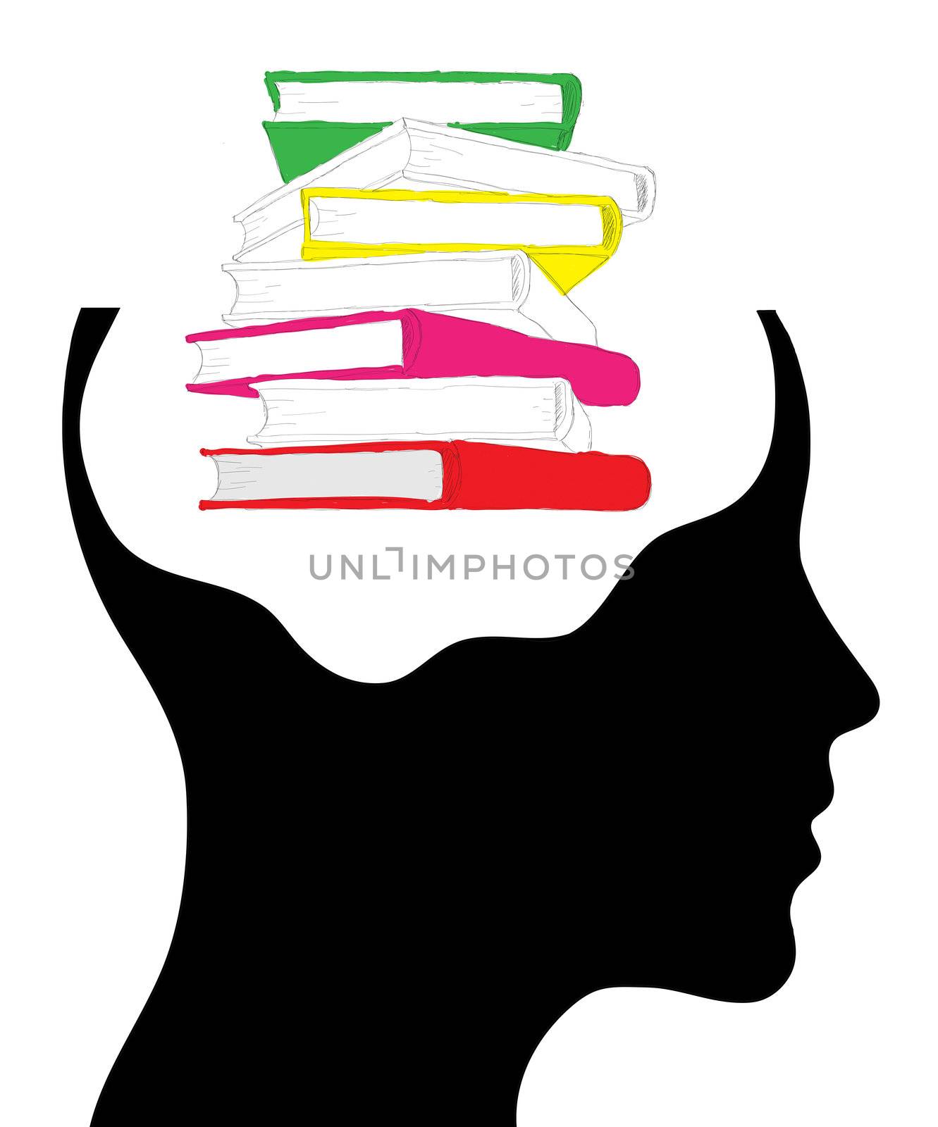 Male head silhouette with stack of books - education