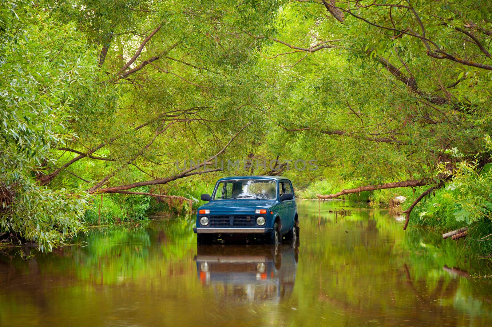 Blue car parked in water