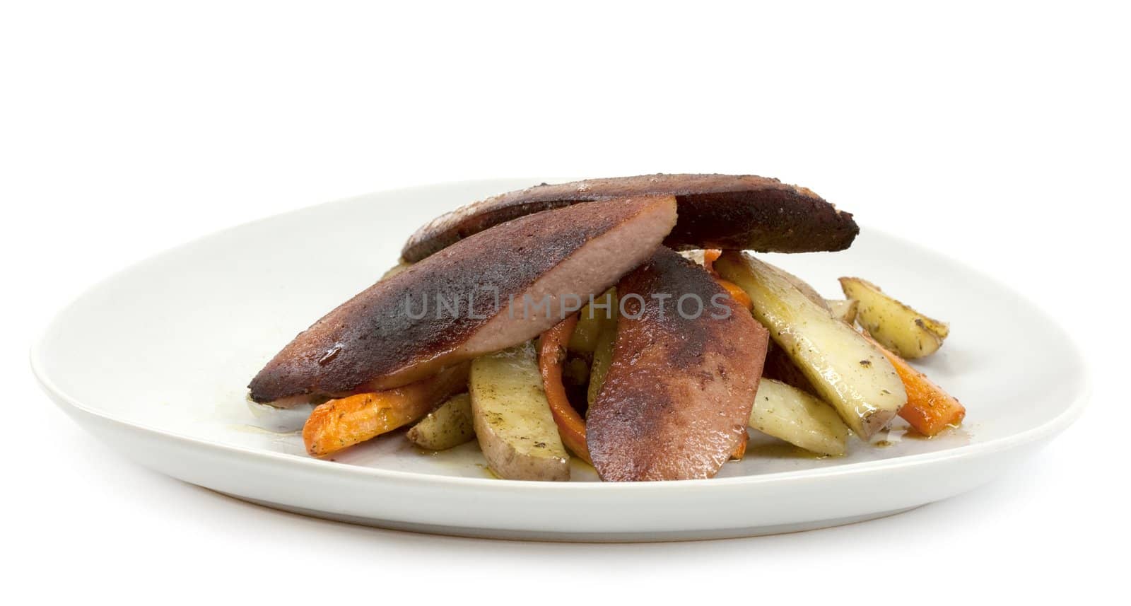 Fried sausage, potatoes and carrots isolated on white