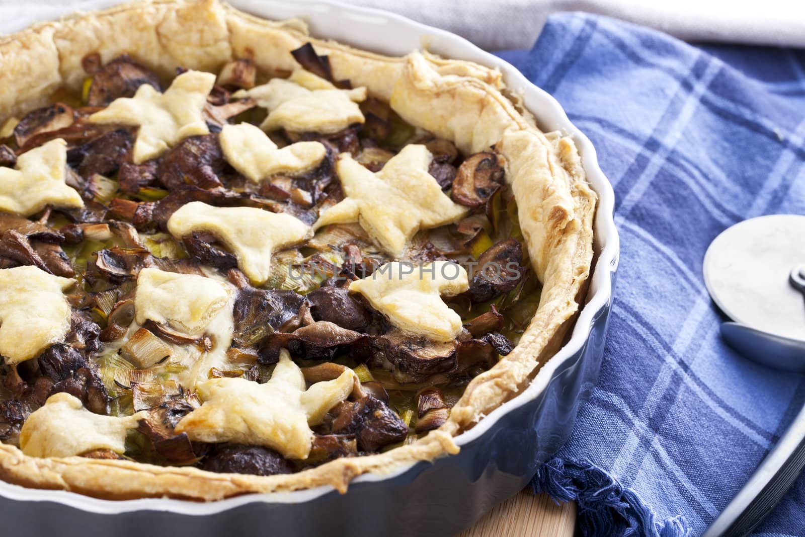 Savory mixed mushroom and leek tart,