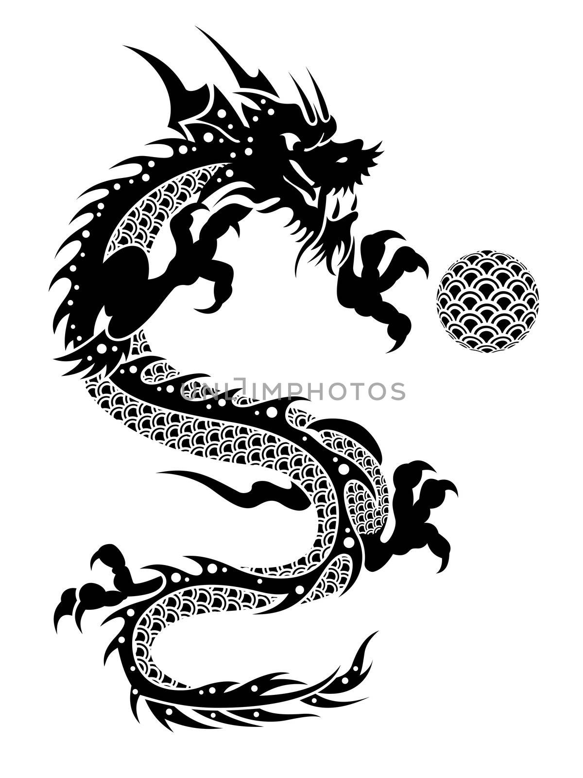 2012 Flying Chinese New Year of the Dragon with Ball and Fish Scales on White Background Illustration