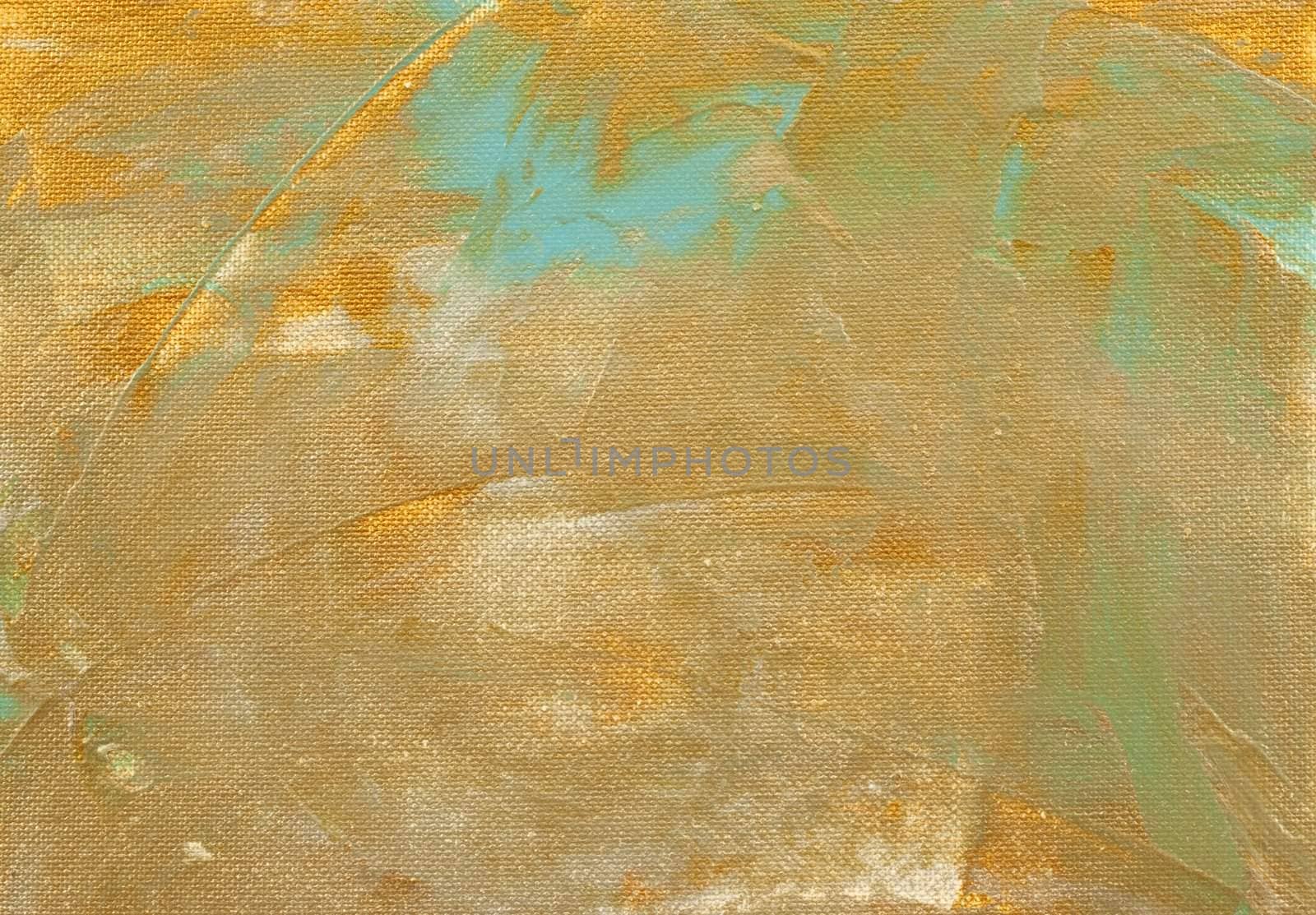 Golden acryl painting on canvas, abstract with blue and green