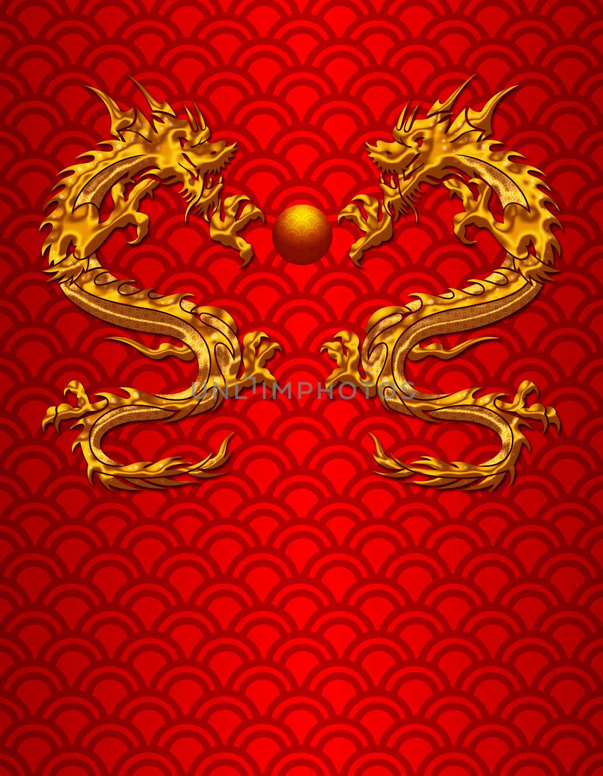 Pair of Chinese New Year Metallic Dragons on Scales Pattern Red Background