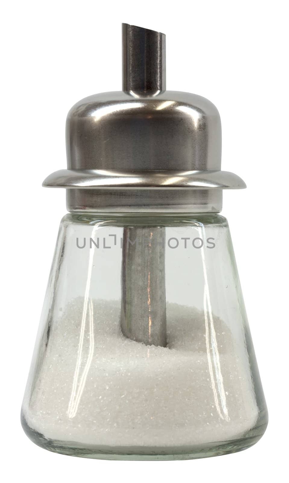 Metal and glass sugar shaker isolated on white