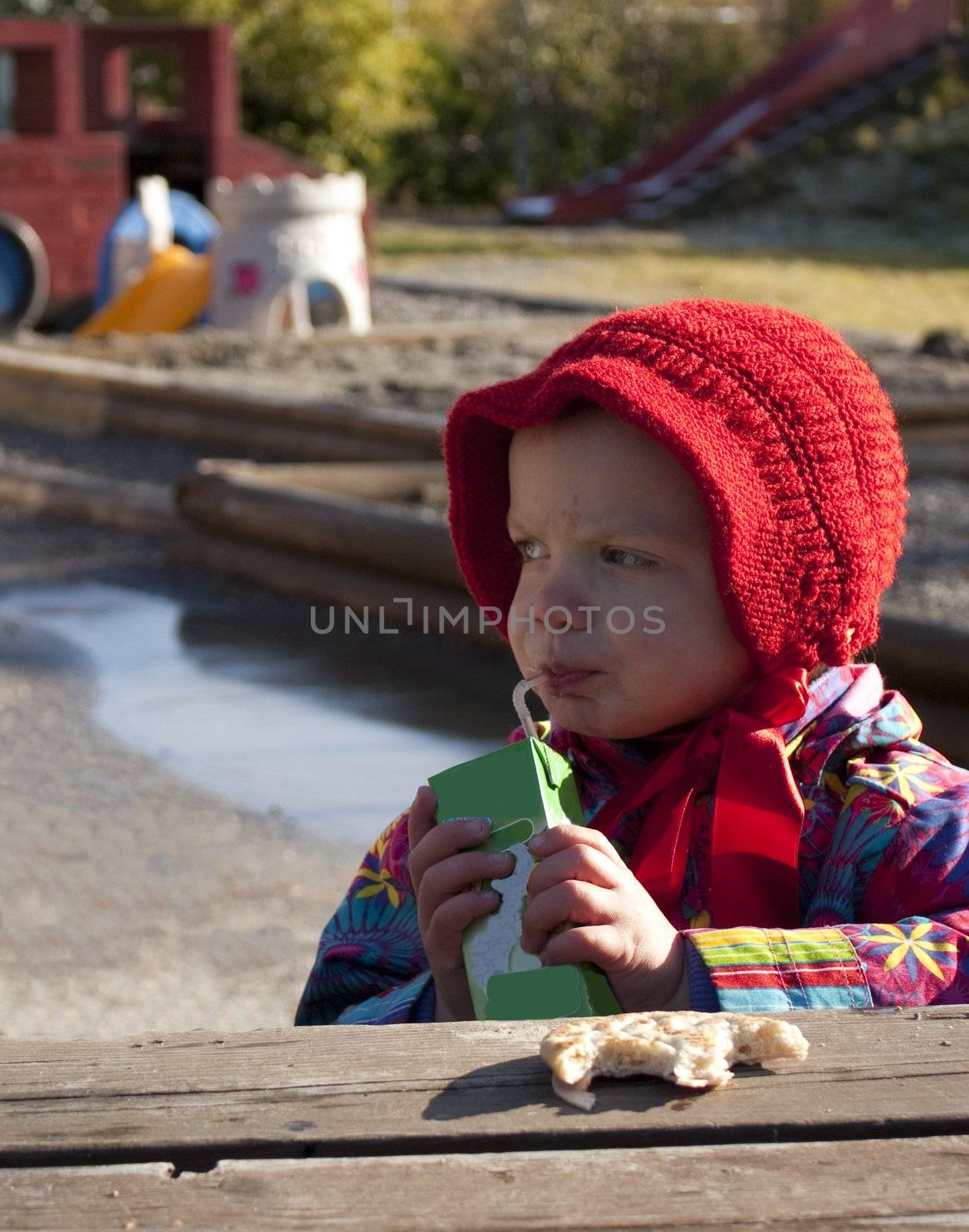 Child drinking apple juice enjoying kindergarten lunch outdoors