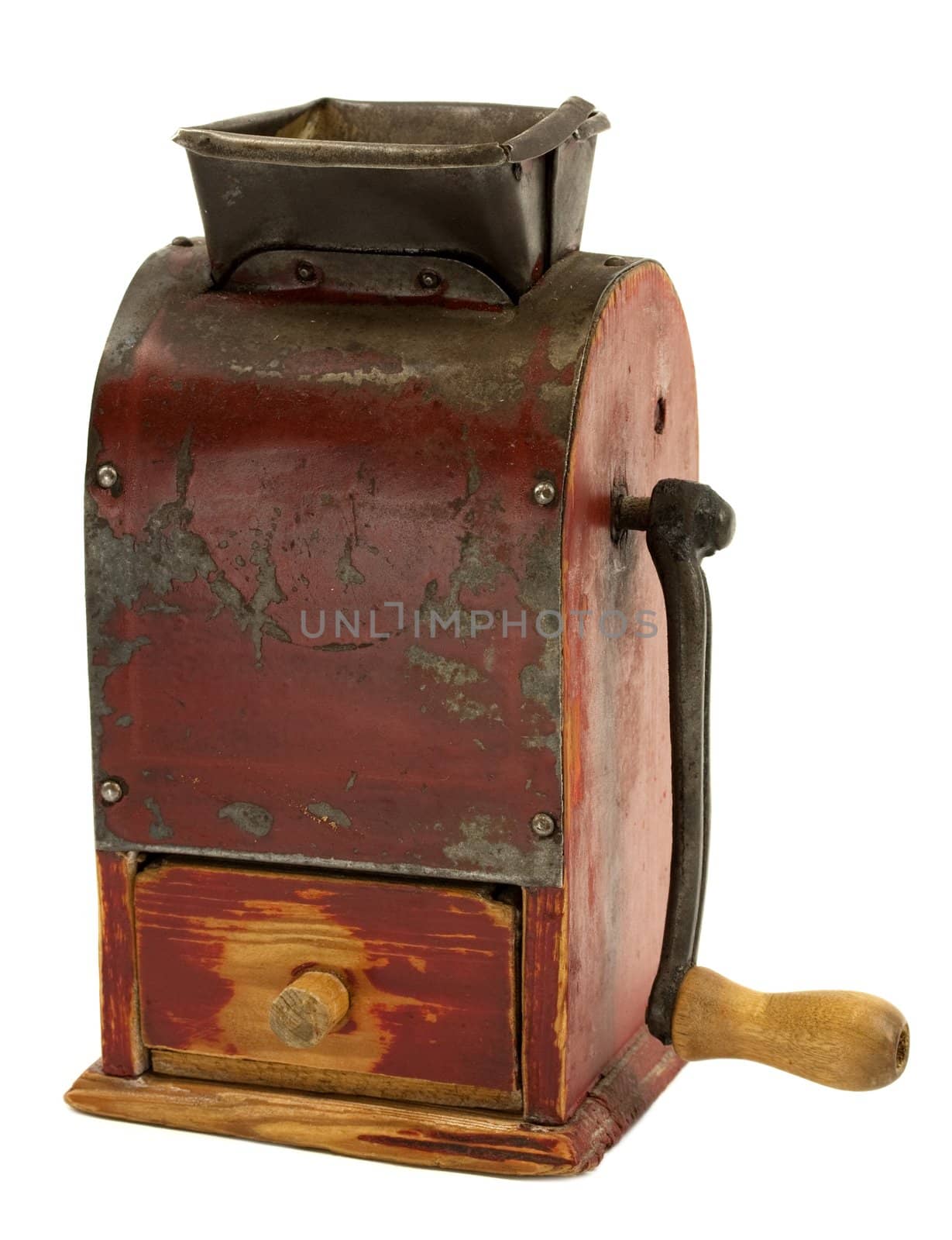 Vintage grunge manual coffee grinder on white