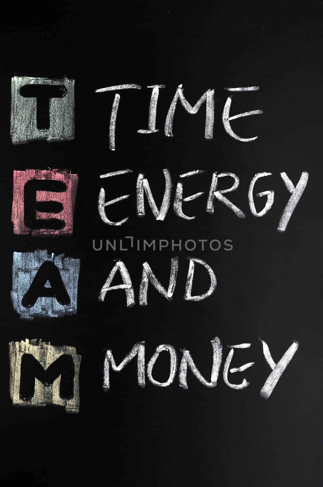 TEAM acronym written in colorful chalk on blackboard