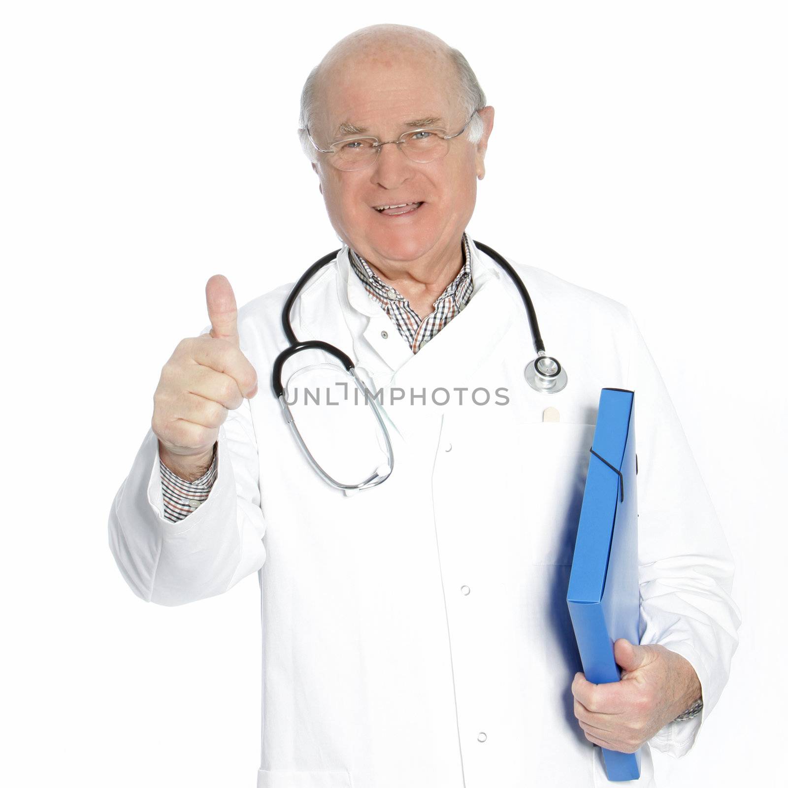 Confident senior doctor or consultant in a labcoat and stethoscope carrying a folder giving a thumbs up of success, approval, and hope isolated on white