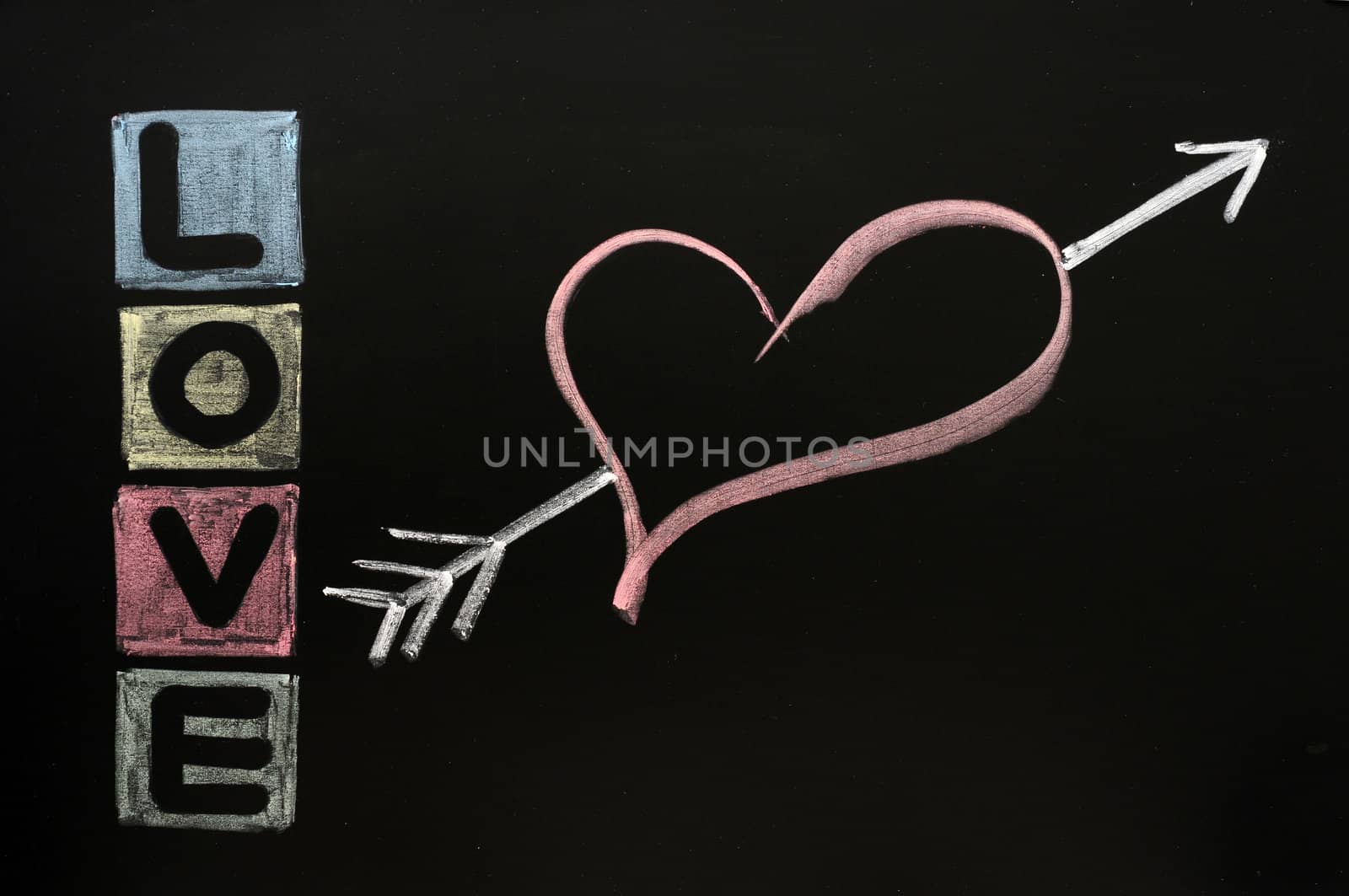 Love drawn in colorful chalk on a chalkboard 