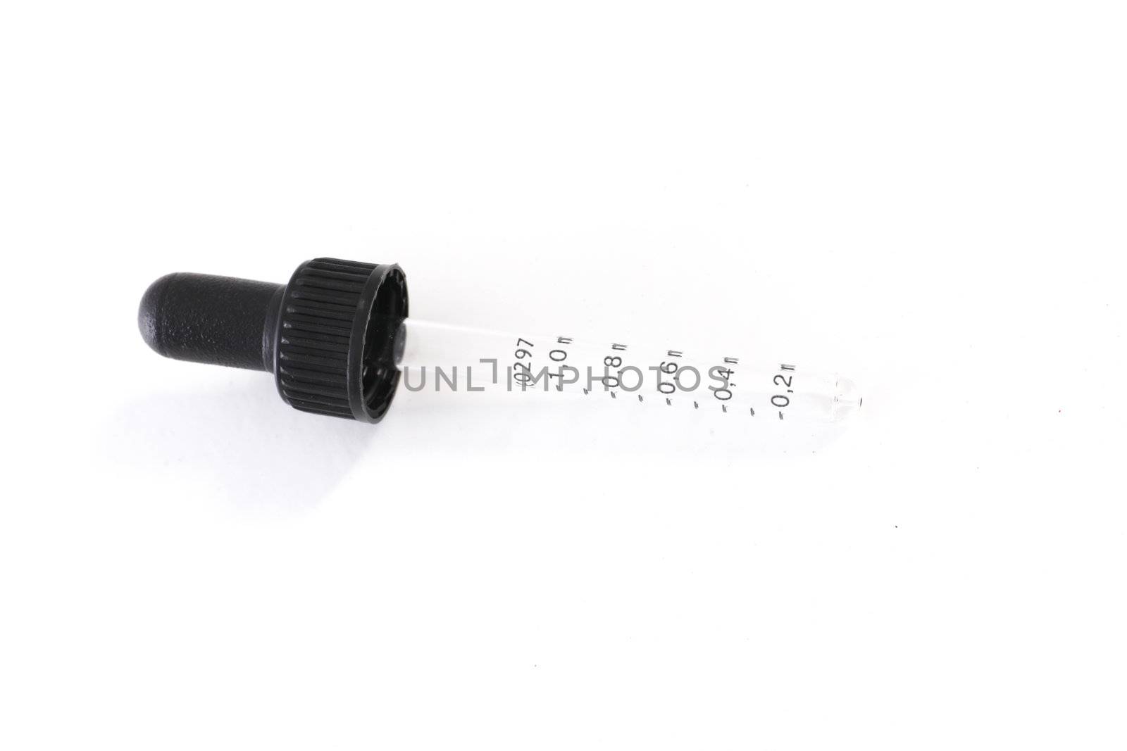Small eye dropper dispenser with a a small graduated tube with a vacuum bulb for releasing liquid one drop at a time on a white background