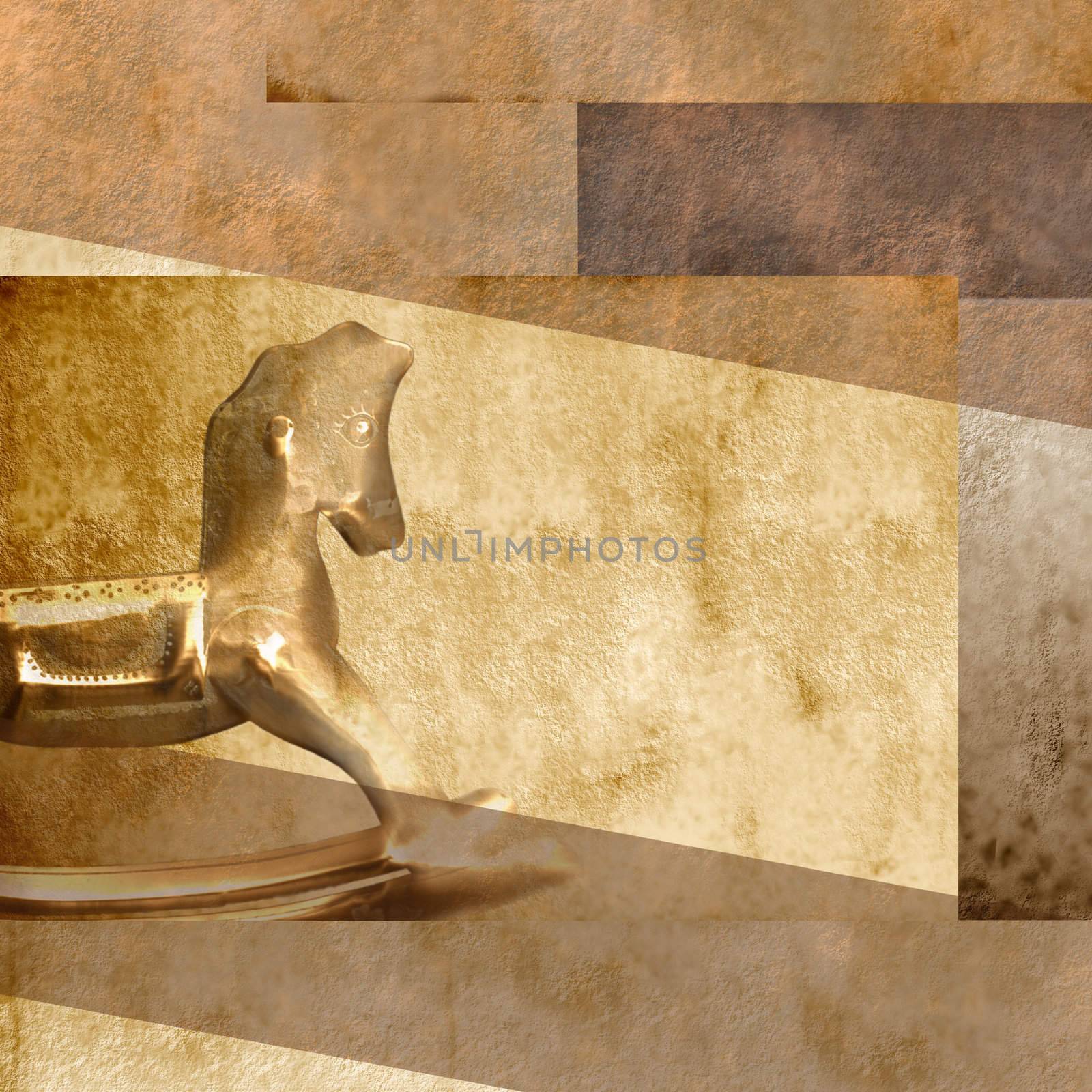 baby rocking horse card in golden tones and brown paper background