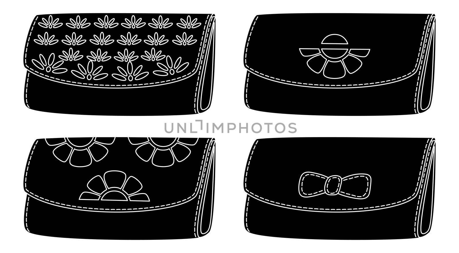 Set wallets for money, with abstract floral pattern, black silhouette on white background. Vecto