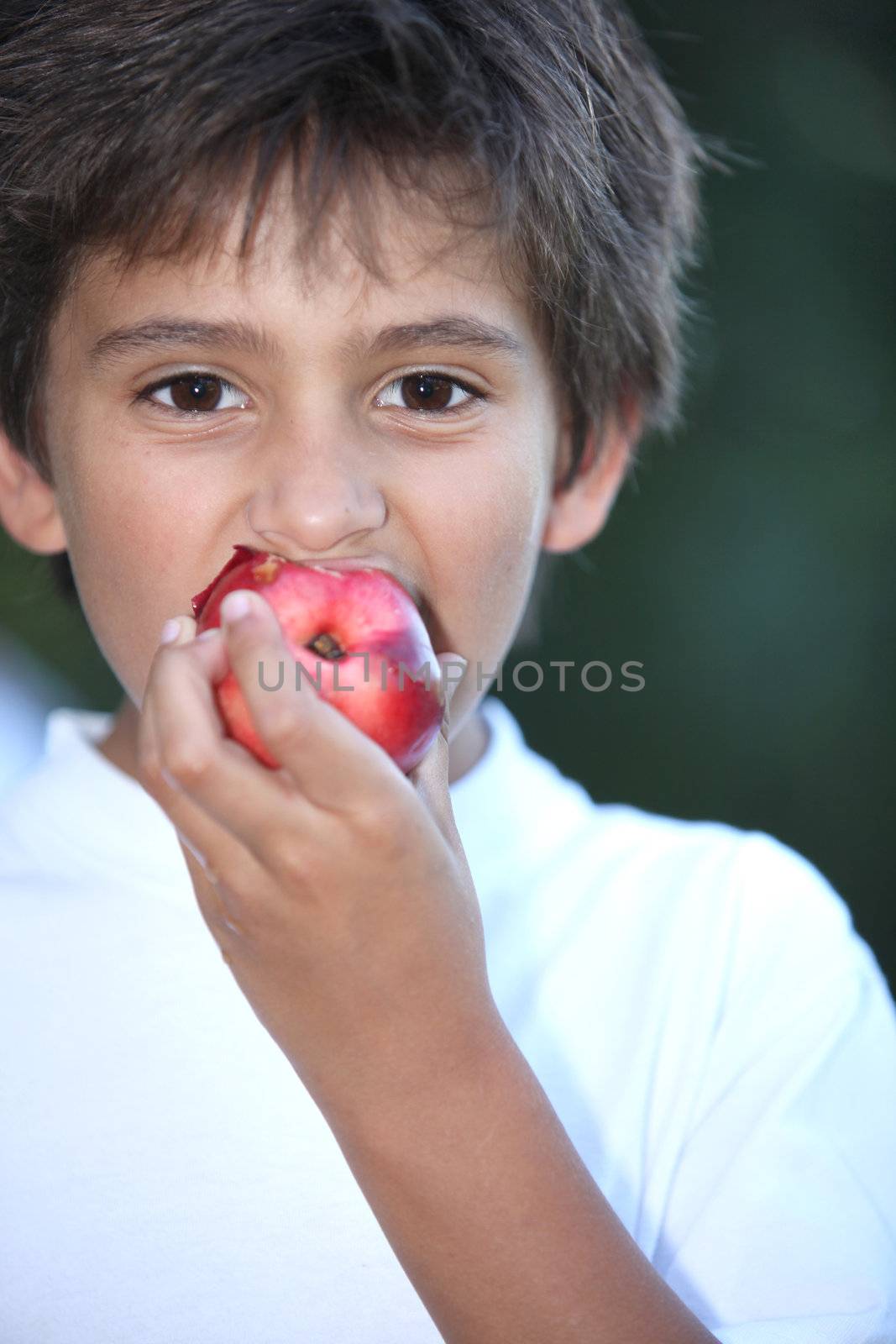 Young boy eating a nectarine by phovoir