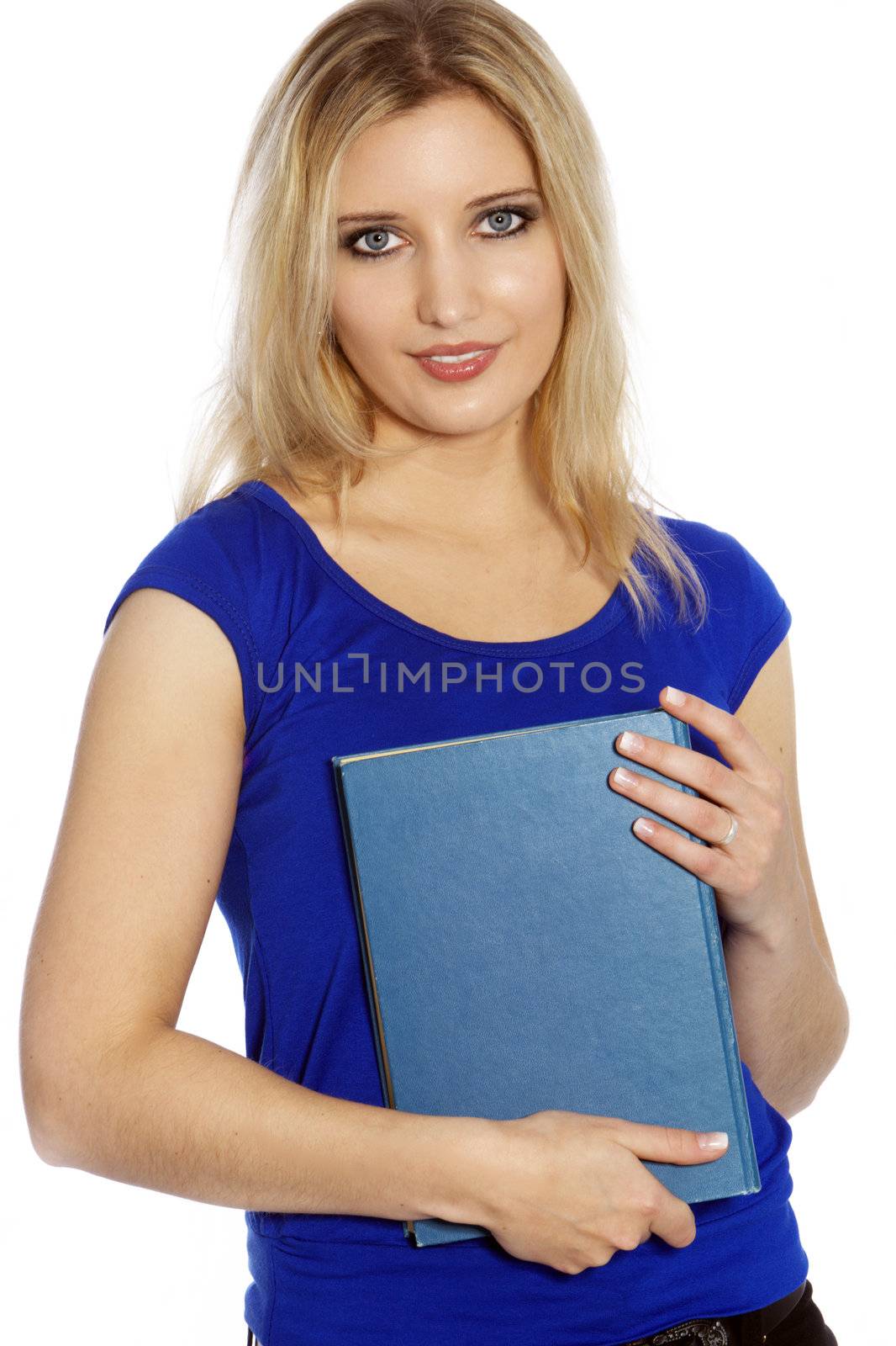 Blonde female holding blue book in a front view shot