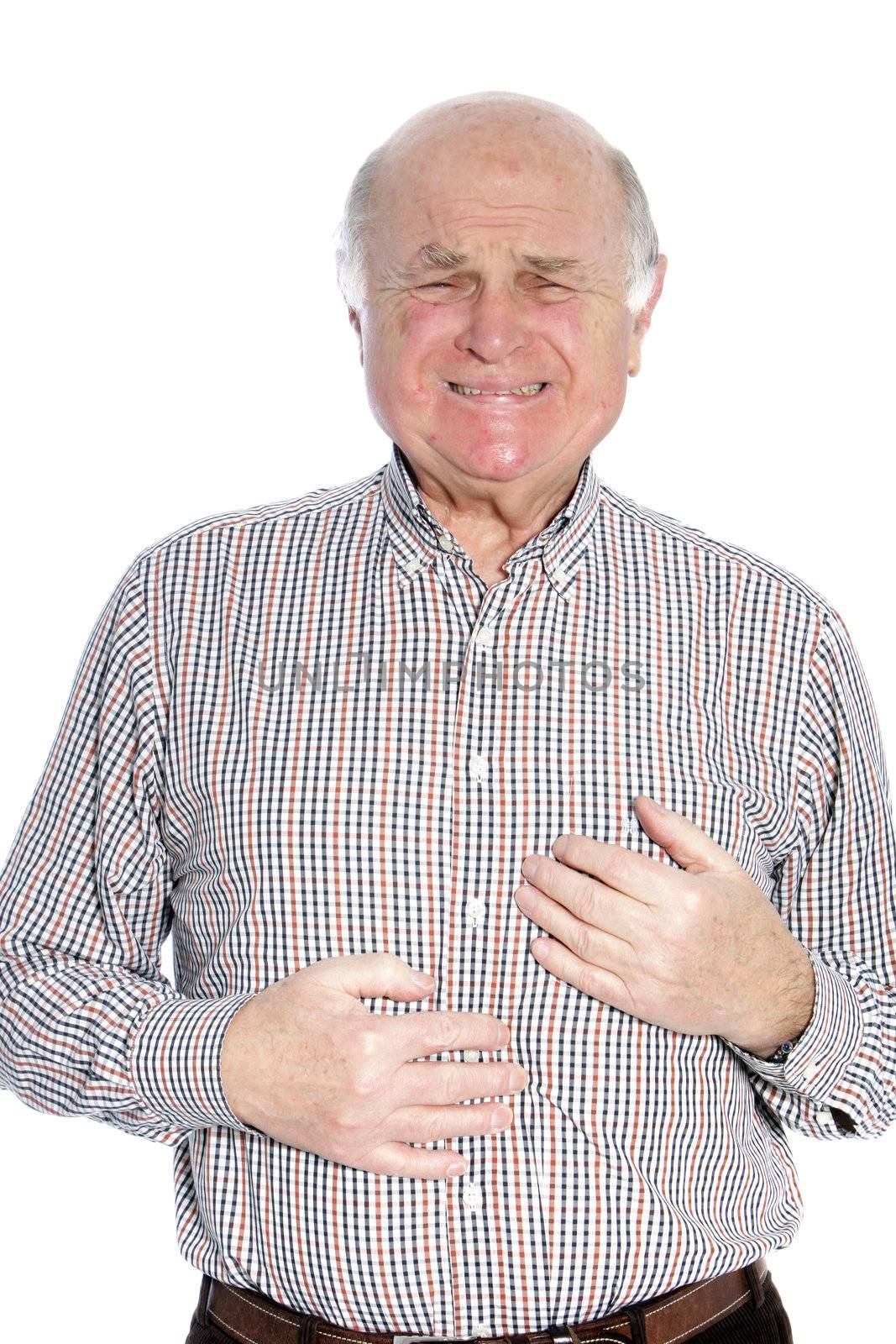 Portrait of old man suffering chest pain in a close up shot