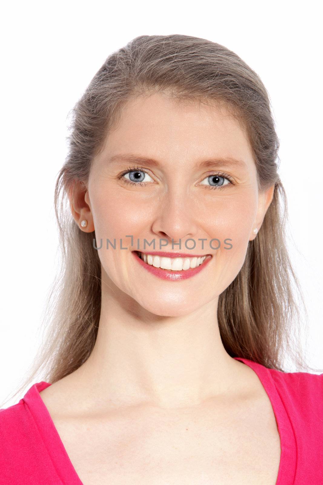 Portrait of happy female against the white background