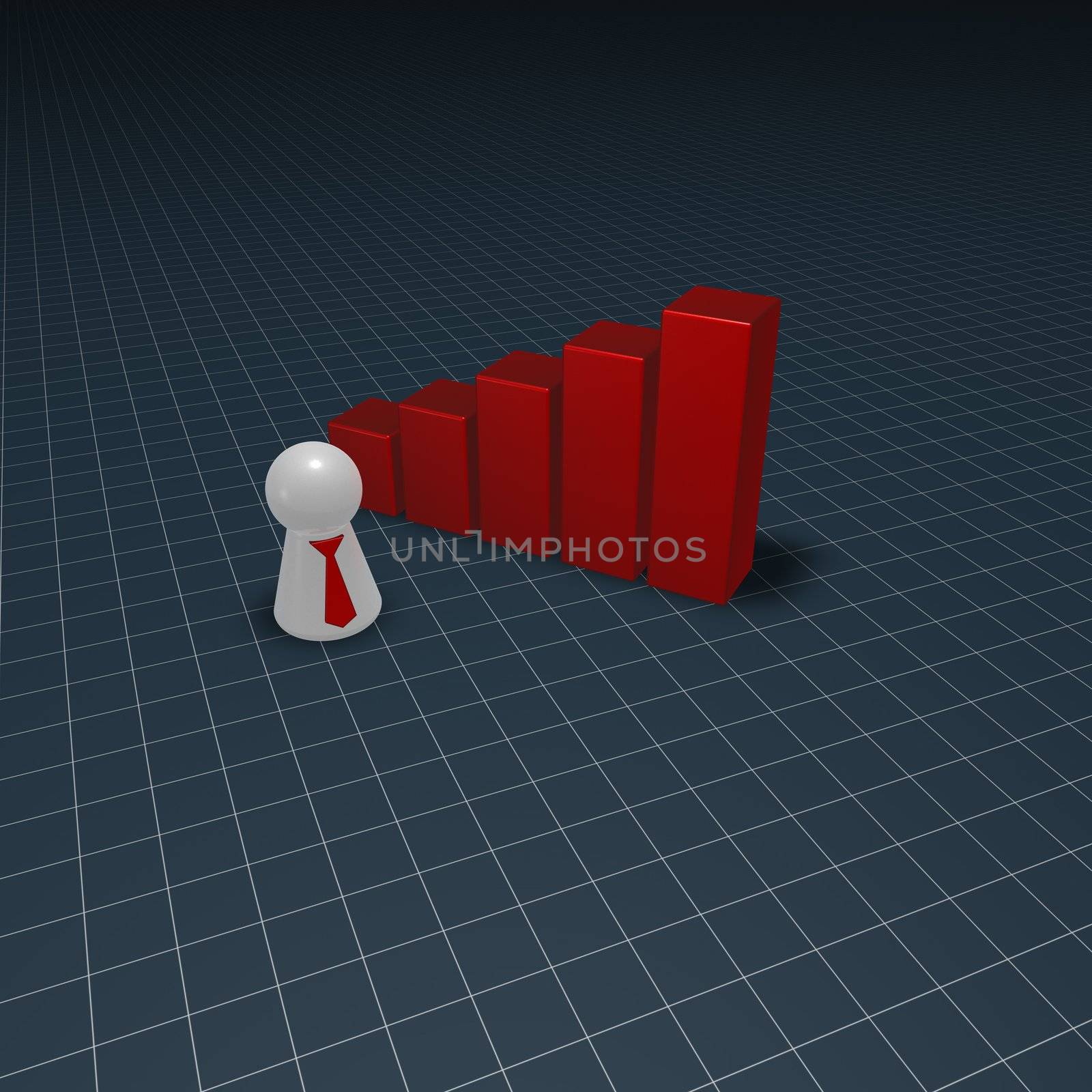 red statistics bars and play figure with tie - 3d illustration