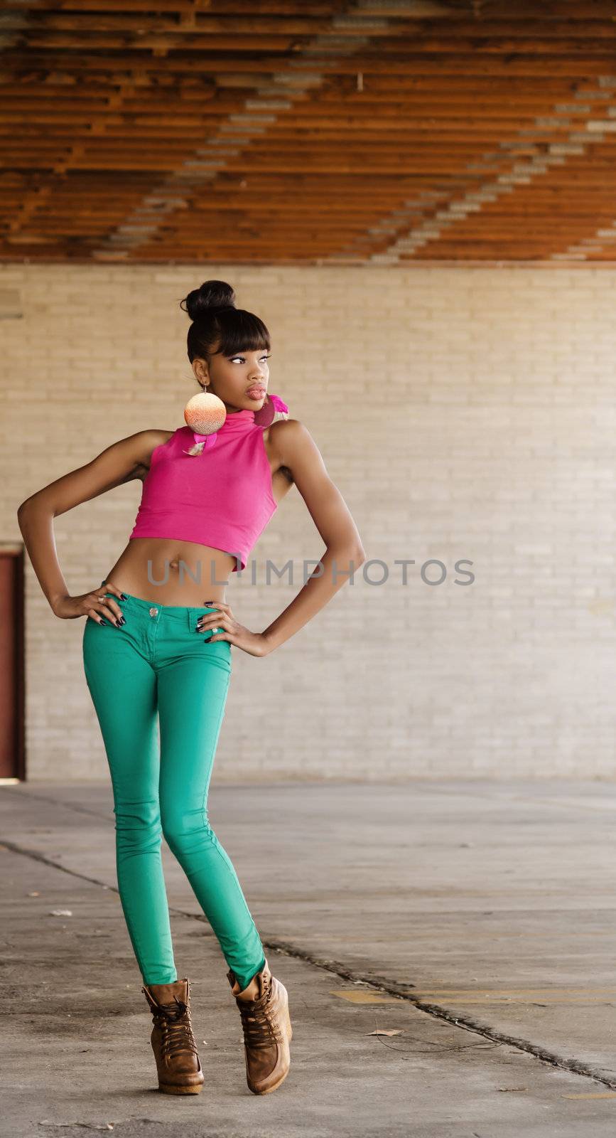 Full length photo of tall African American fashion  model
