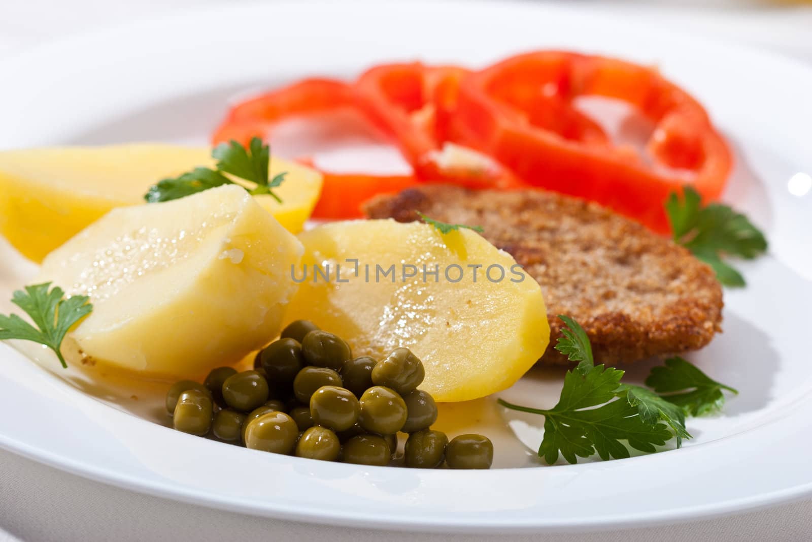 food series: fried chicken fillet with vegetables on the plate