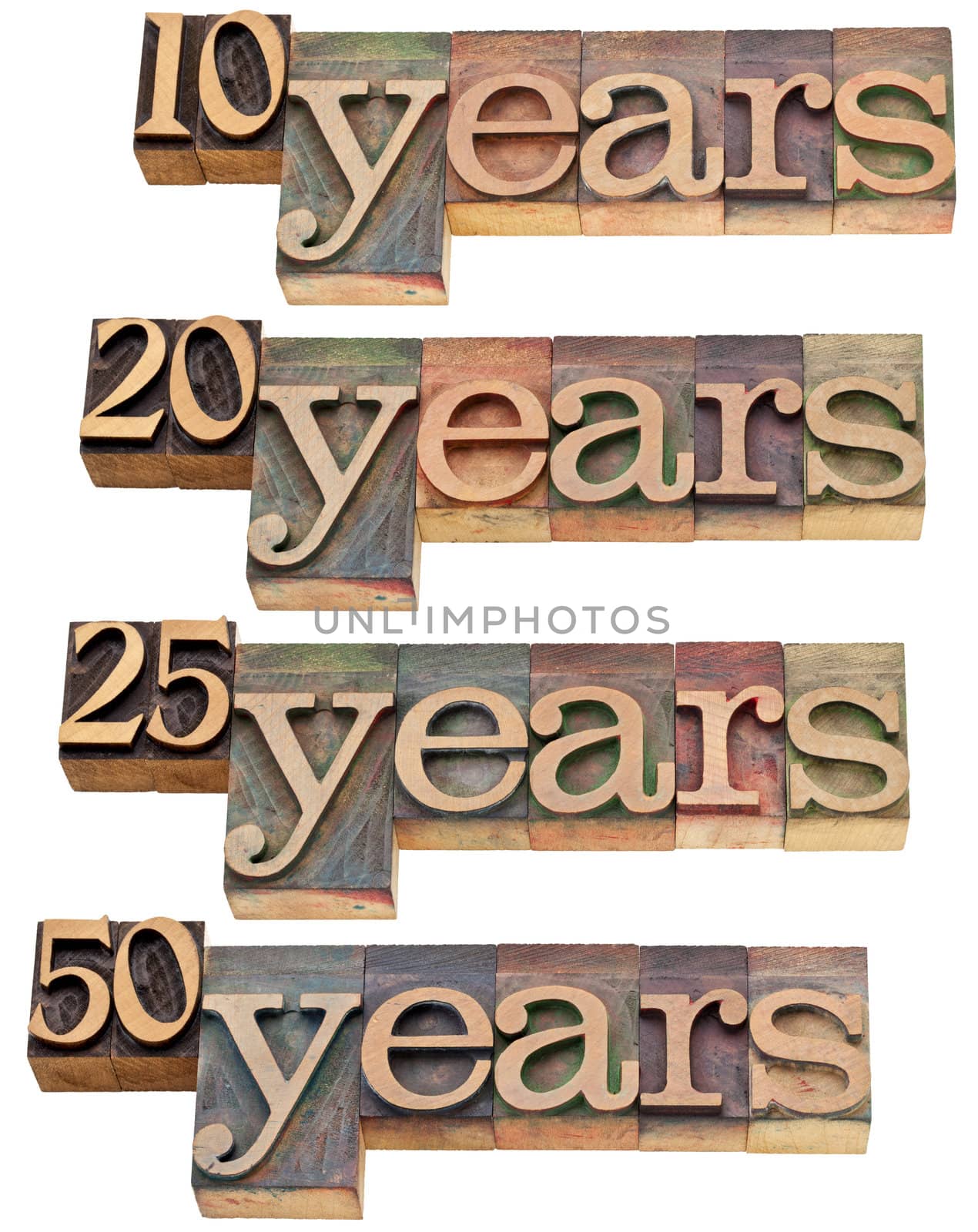 anniversary concept - 10, 20 ,25, 50 years - isolated text in vintage wood letterpress printing blocks stained by color inks