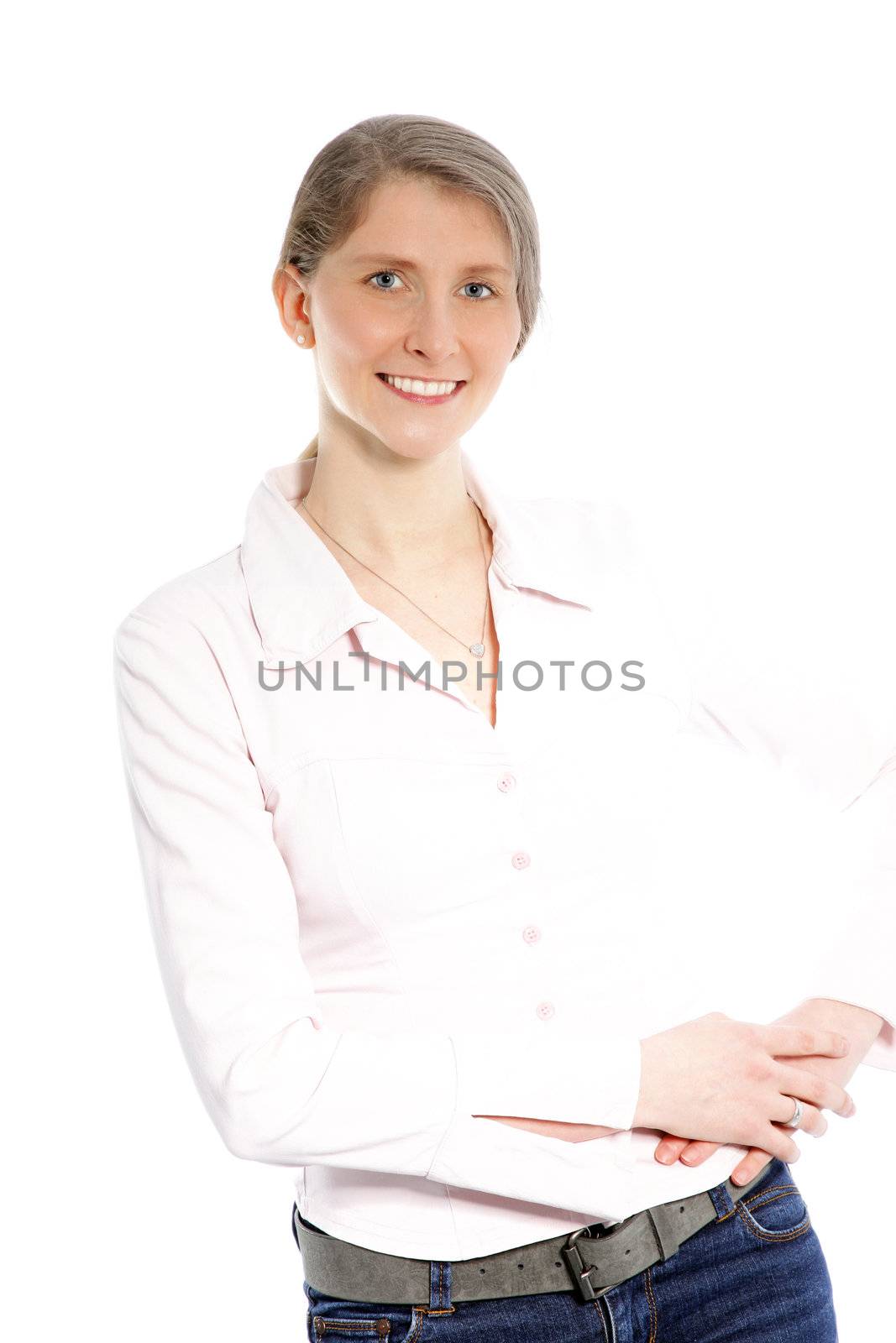 Smiling woman entrepreneur posing against the white background