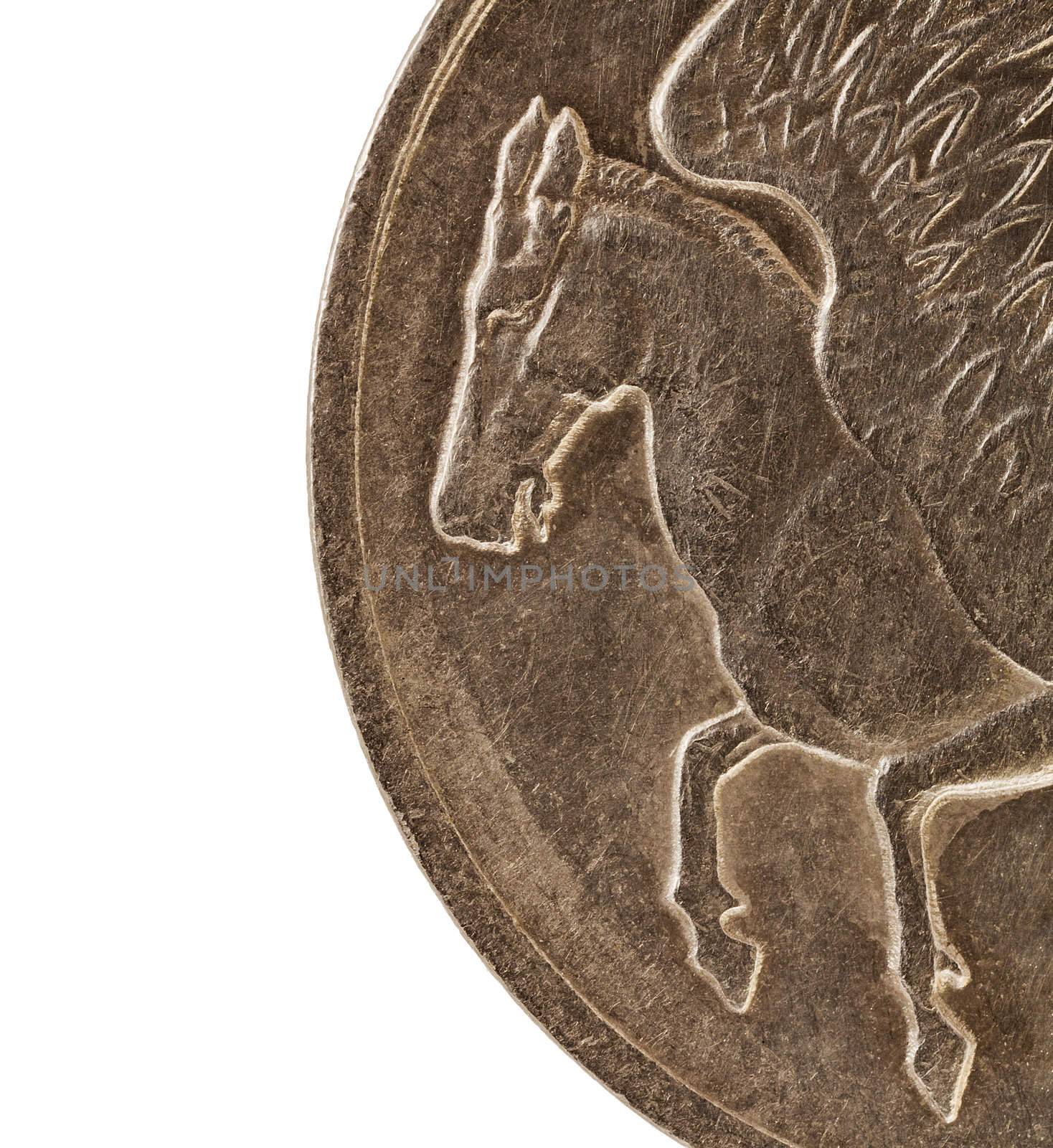 Pegasus, winged horse from Greek mythology, a detail (2 times life-size)  from ten drachmas old circulated coin (1973)
