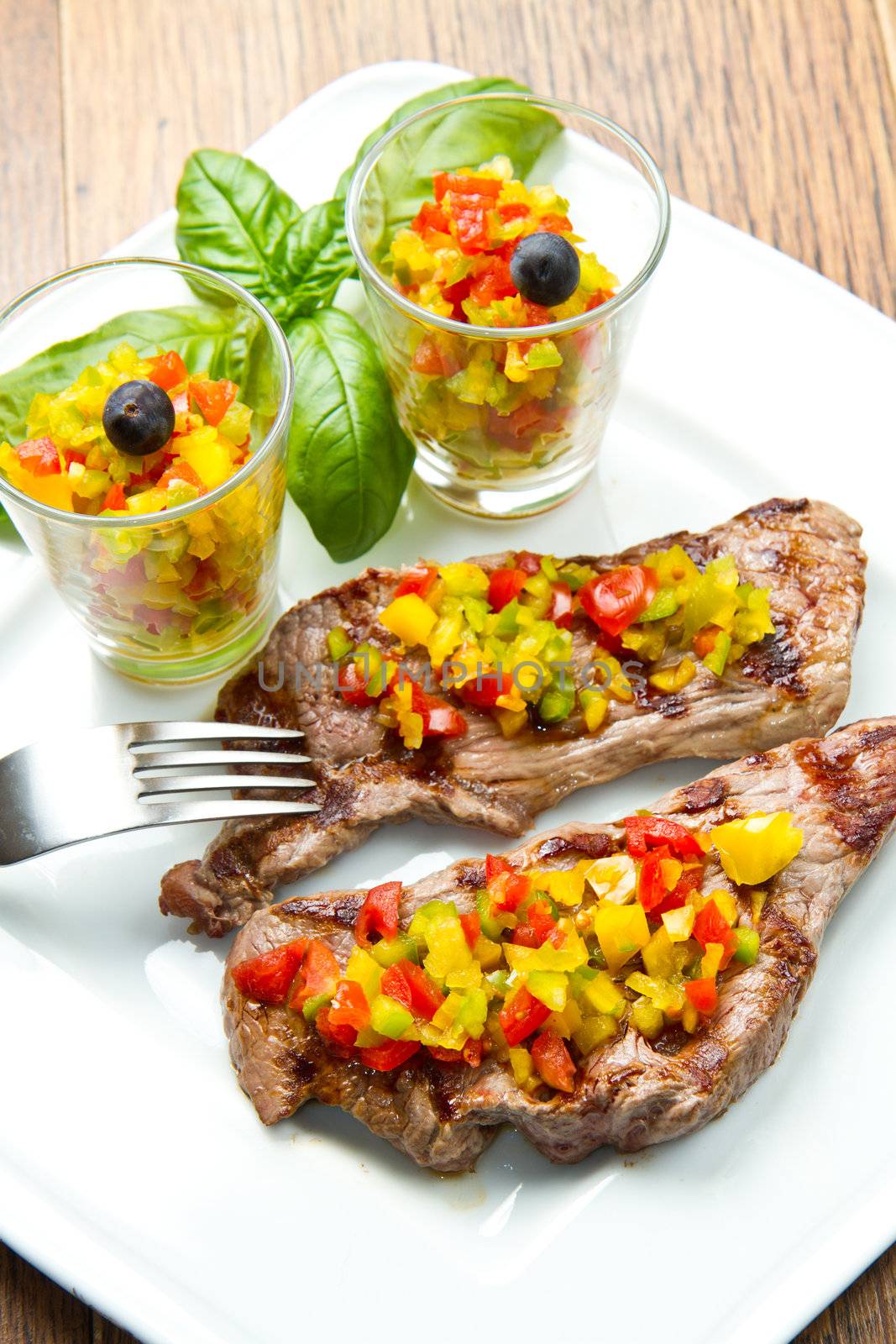 Grilled Steak Meat with cut vegetables