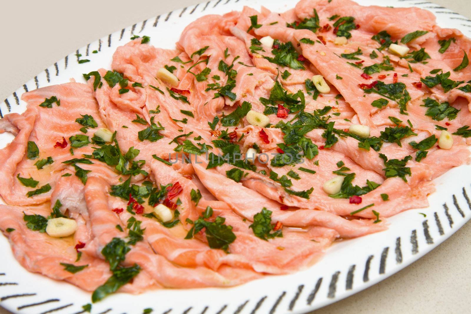 dish with marinated salmon