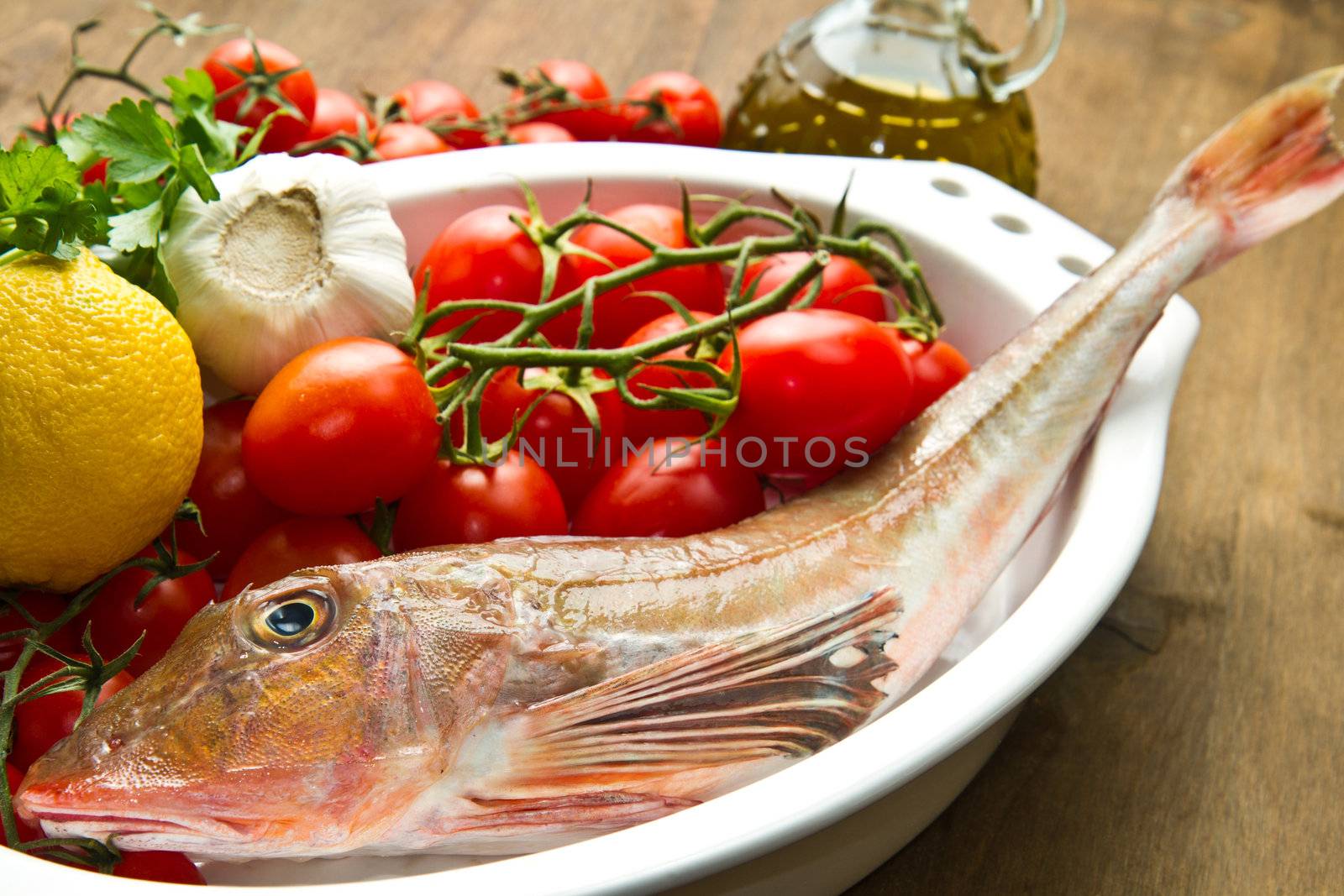 Redfish with tomatoes, parsley, garlic and olve oil