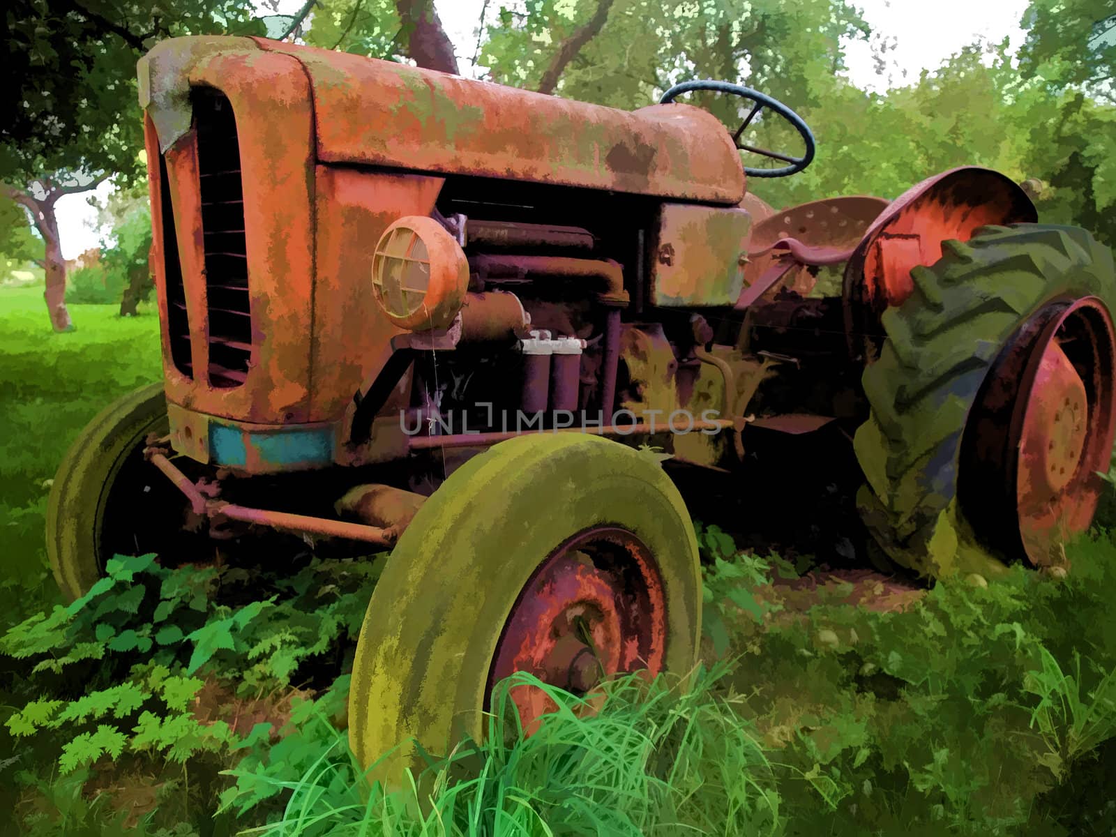 Old rusty red vintage tractor in a farm digital art manipulated